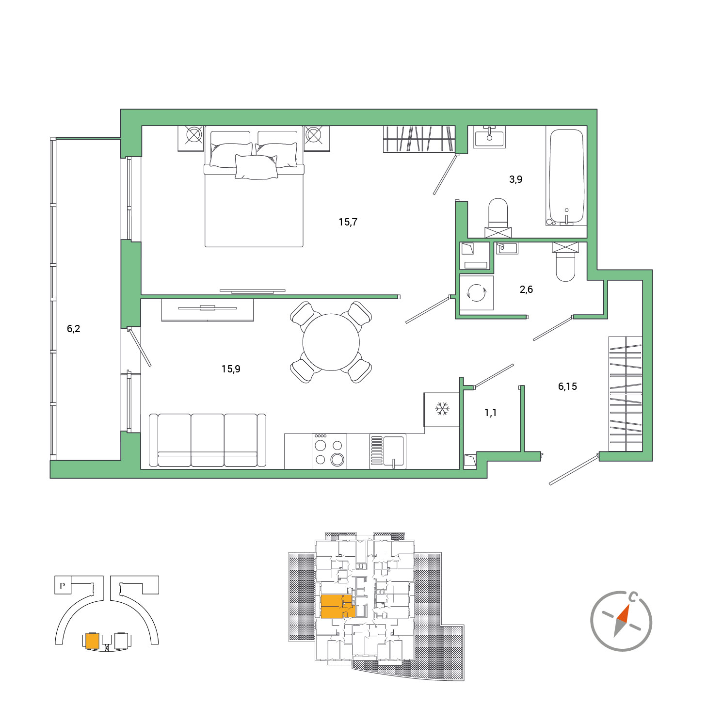 1-комнатная, 48.45 м², 2 / 25 эт. 