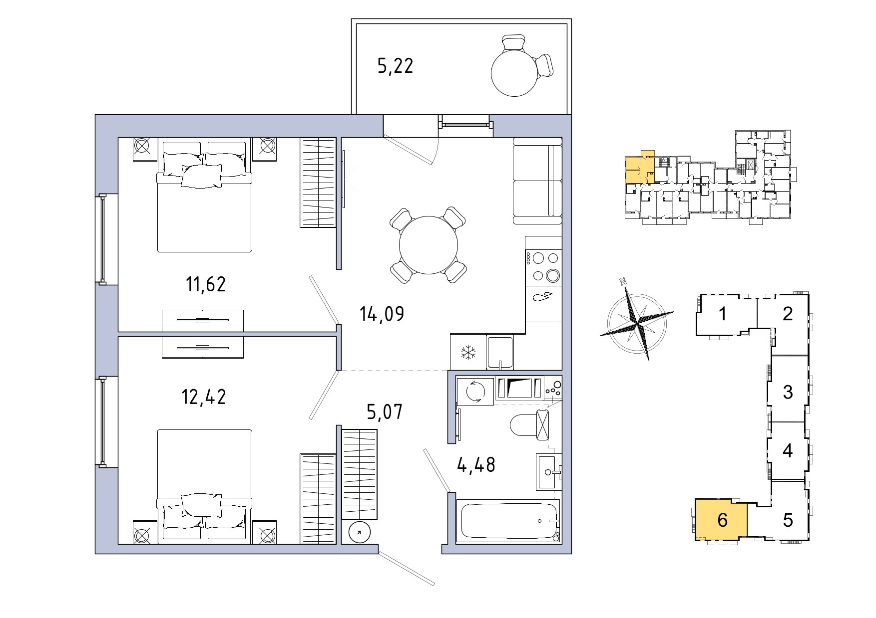 2-комнатная, 49.25 м², 6 / 9 эт. 