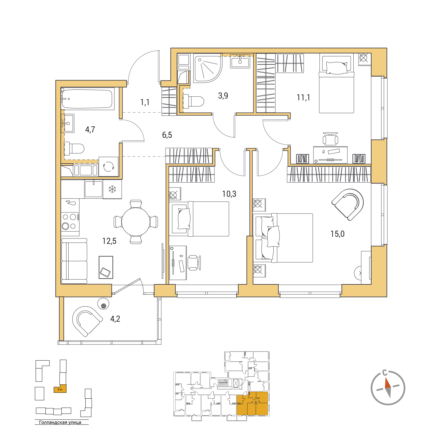 3-комнатная, 66.4 м², 2 / 9 эт. 