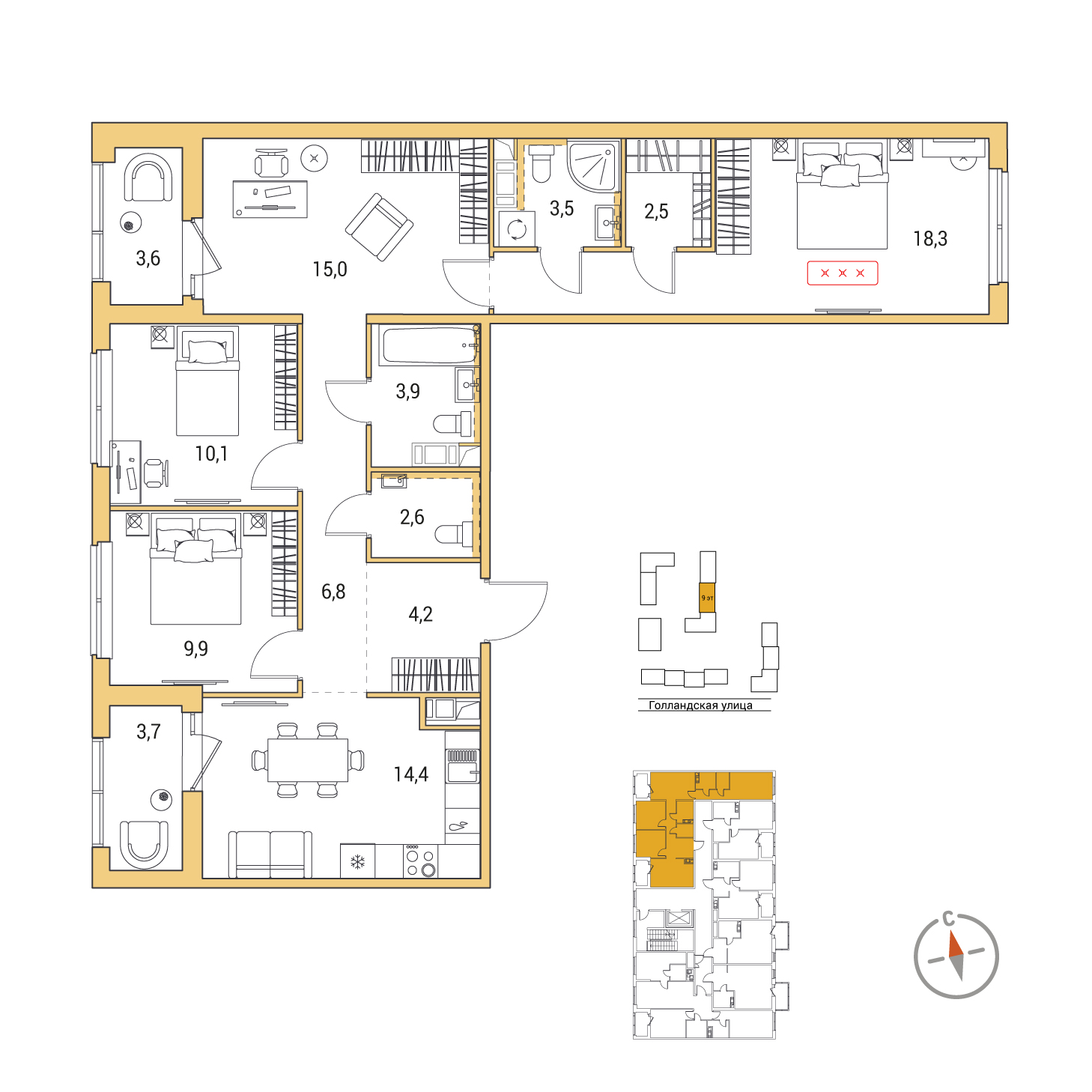 4-комнатная, 94.9 м², 2 / 9 эт. 