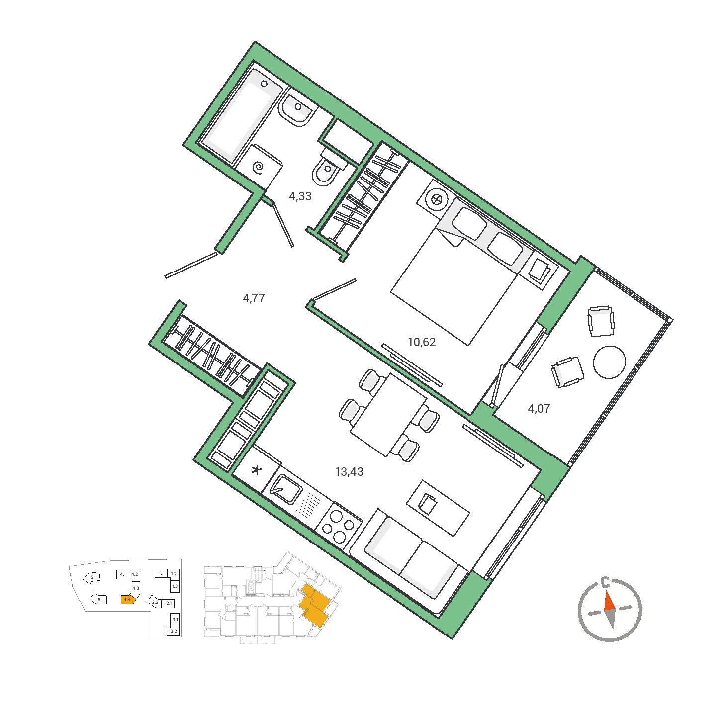 1-комнатная, 35 м², 8 / 8 эт. 
