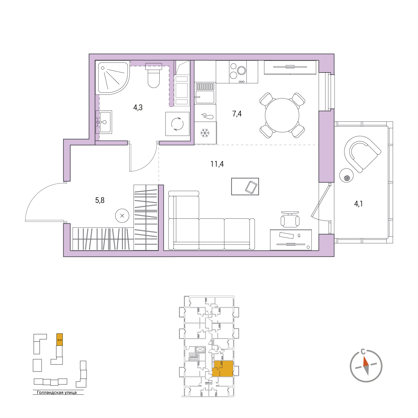 Студия, 30.1 м², 4 / 9 эт. 