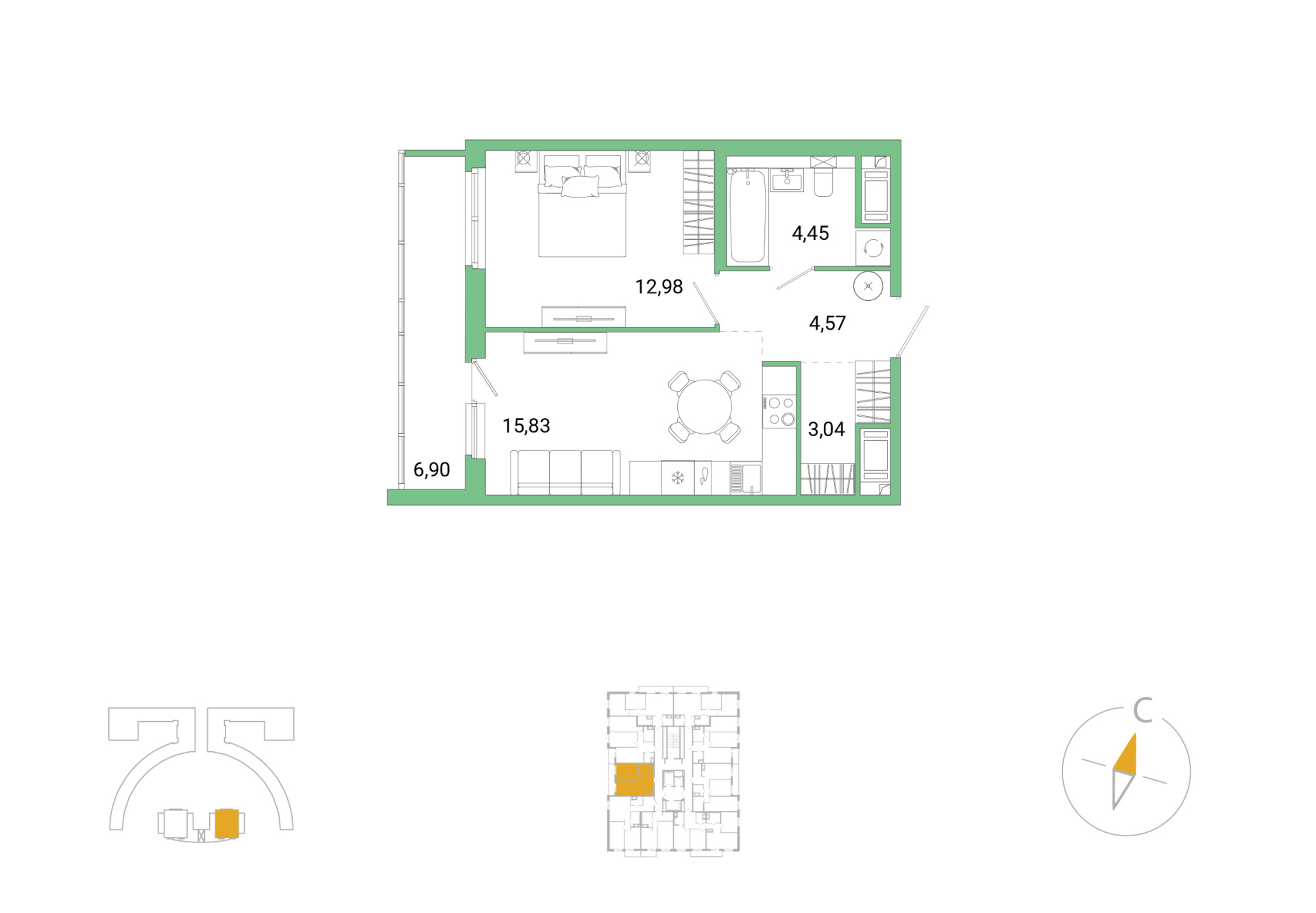 1-комнатная, 44.32 м², 17 / 25 эт. 