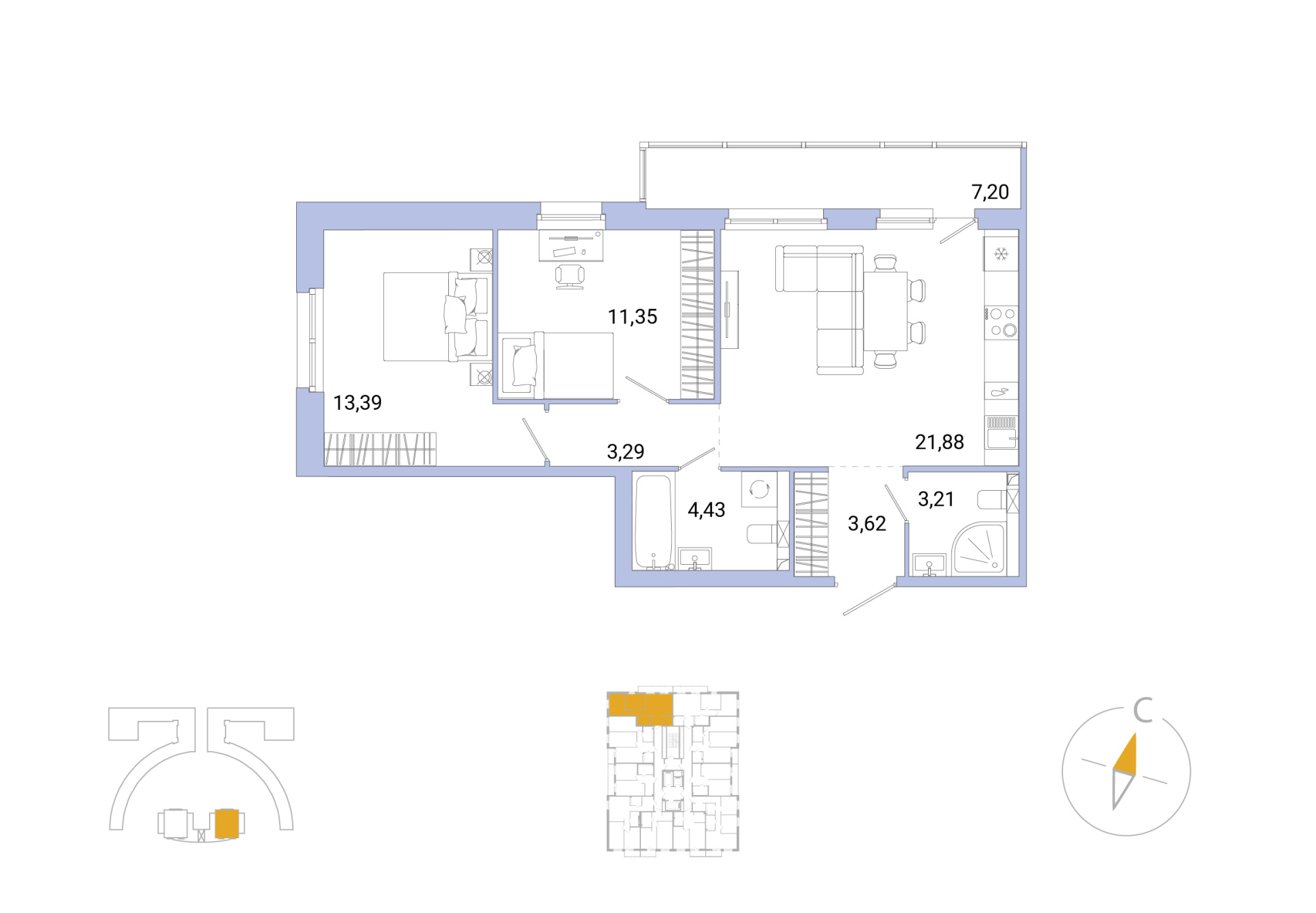 2-комнатная, 63.33 м², 2 / 25 эт. 