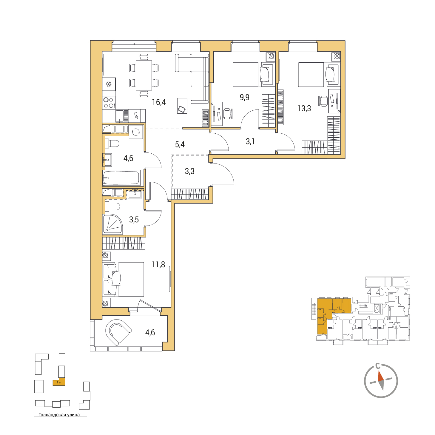 3-комнатная, 73.6 м², 1 / 9 эт. 
