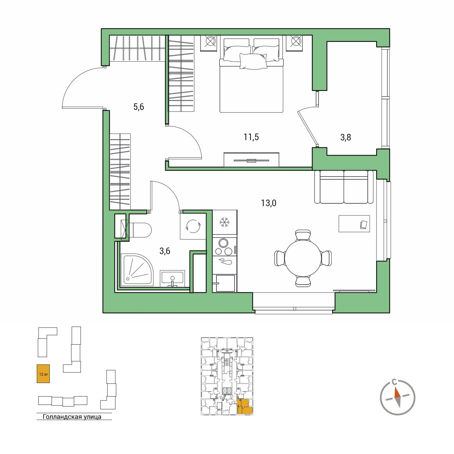1-комнатная, 35.6 м², 2 / 12 эт. 
