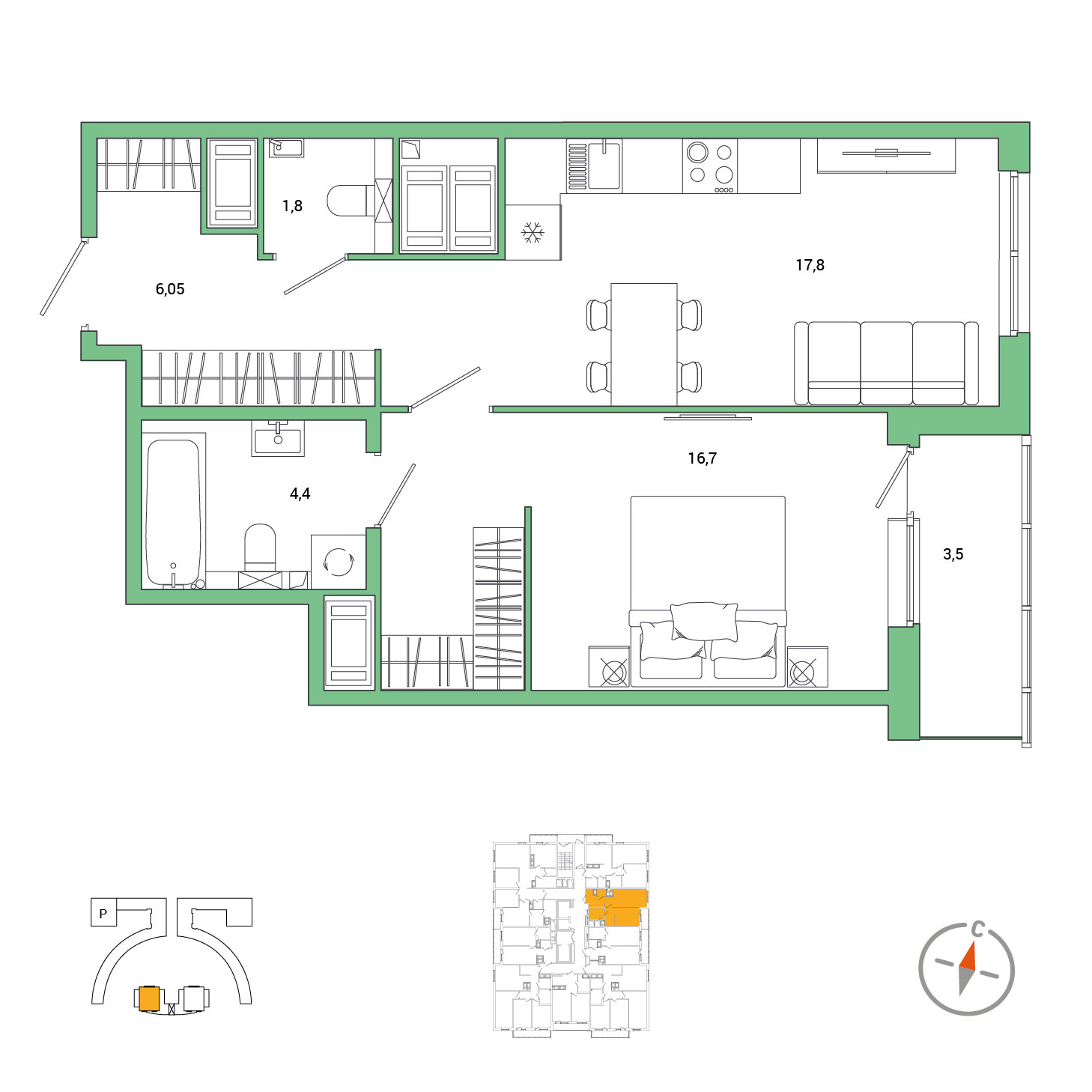 1-комнатная, 48.5 м², 25 / 25 эт. 