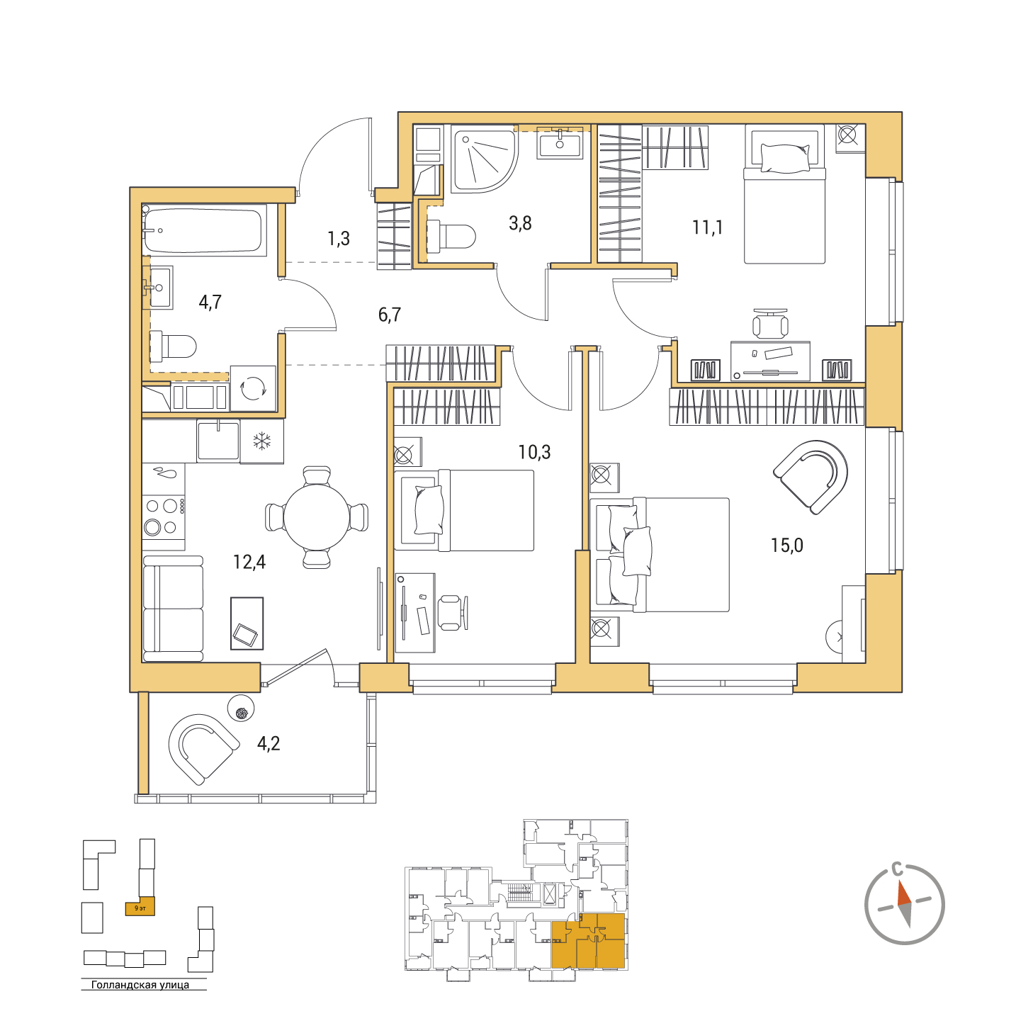 3-комнатная, 66.6 м², 5 / 9 эт. 