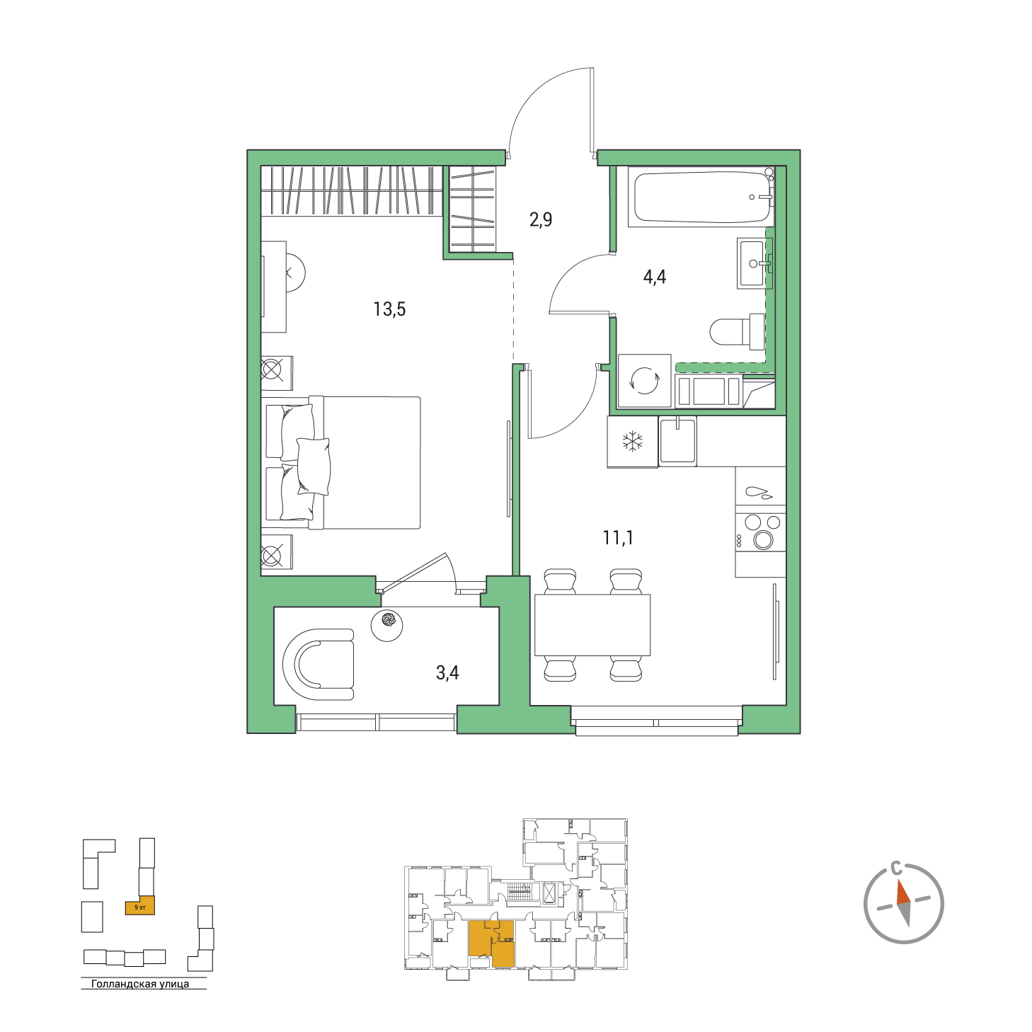1-комнатная, 33.6 м², 3 / 9 эт. 