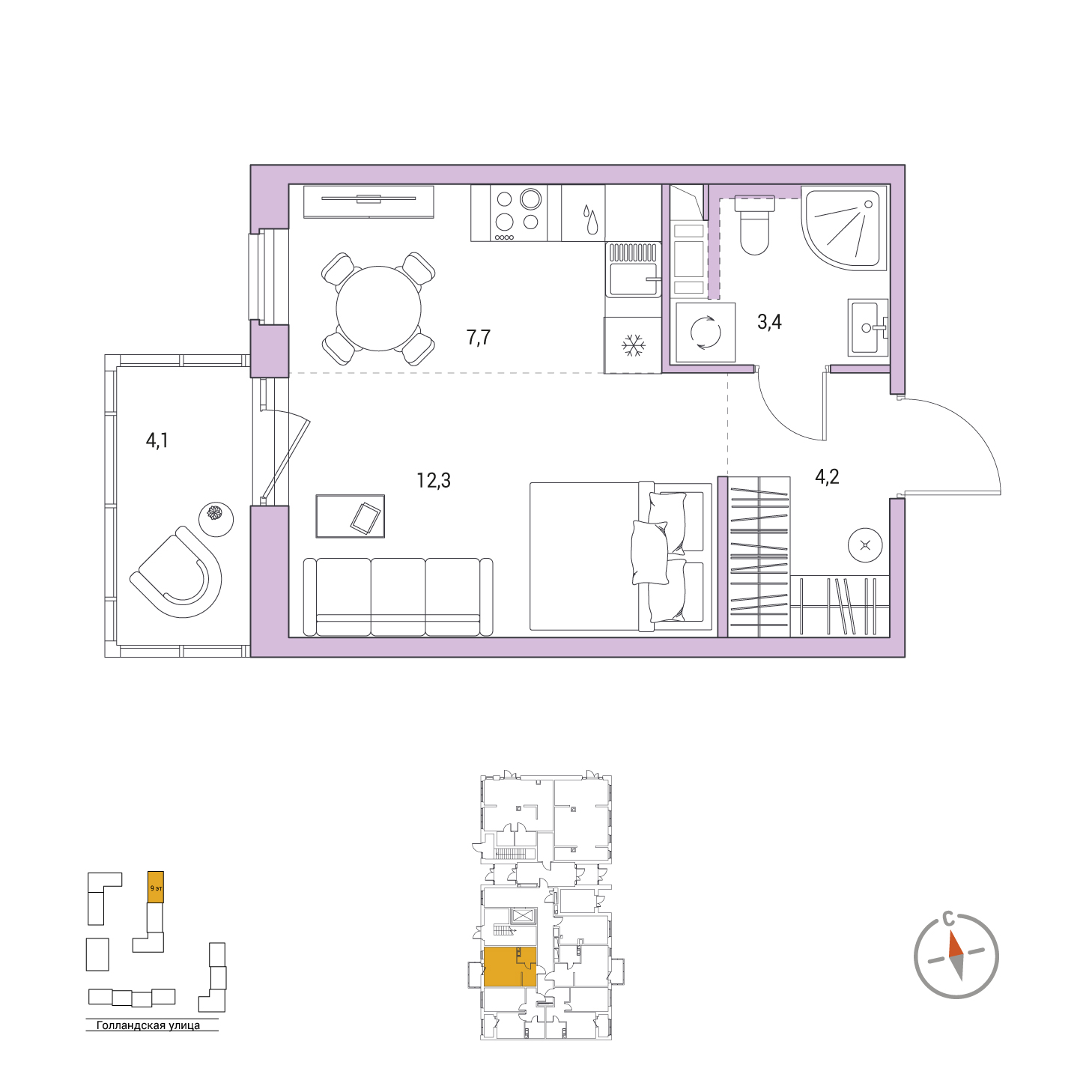 Студия, 28.8 м², 1 / 9 эт. 