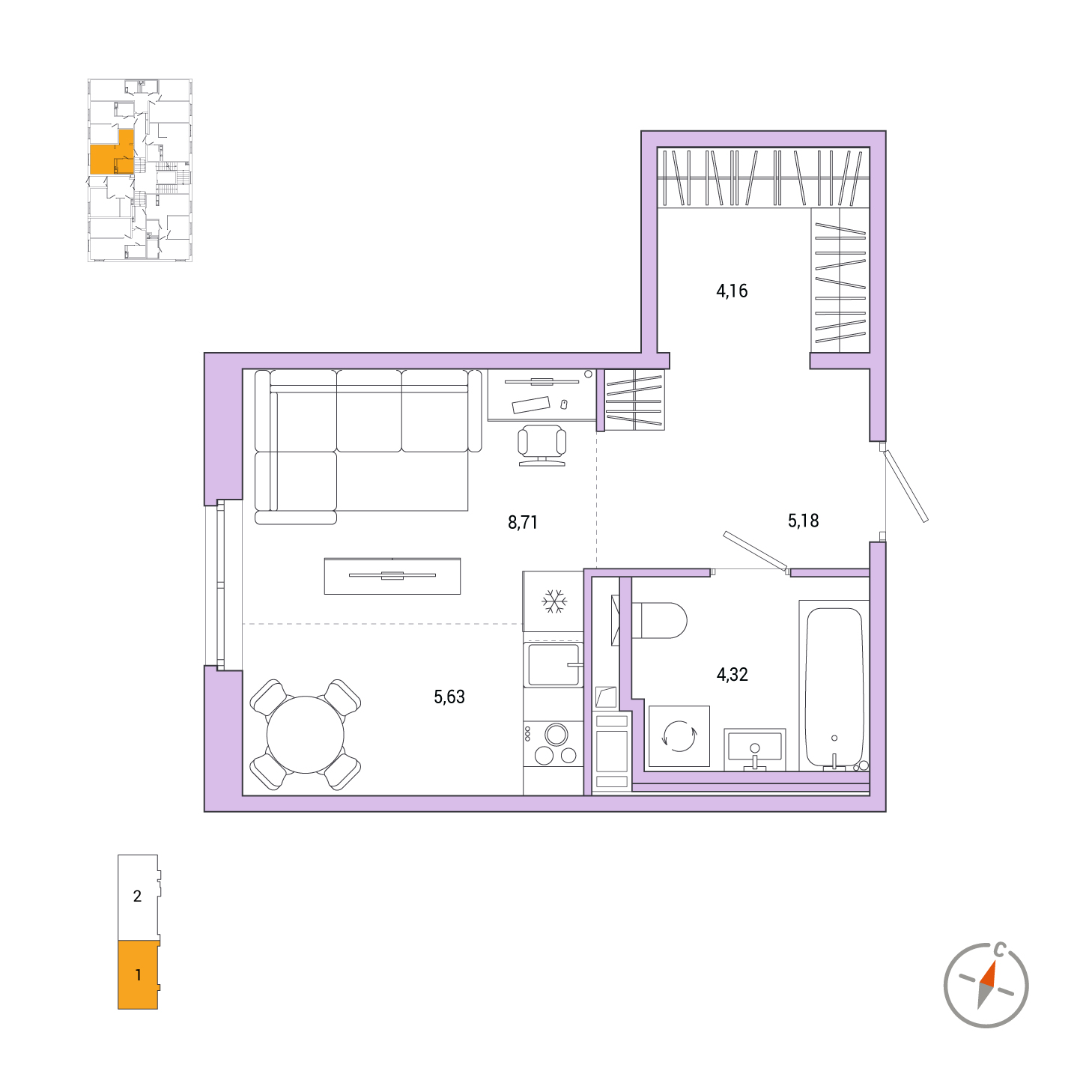 Студия, 28 м², 1 / 7 эт. 