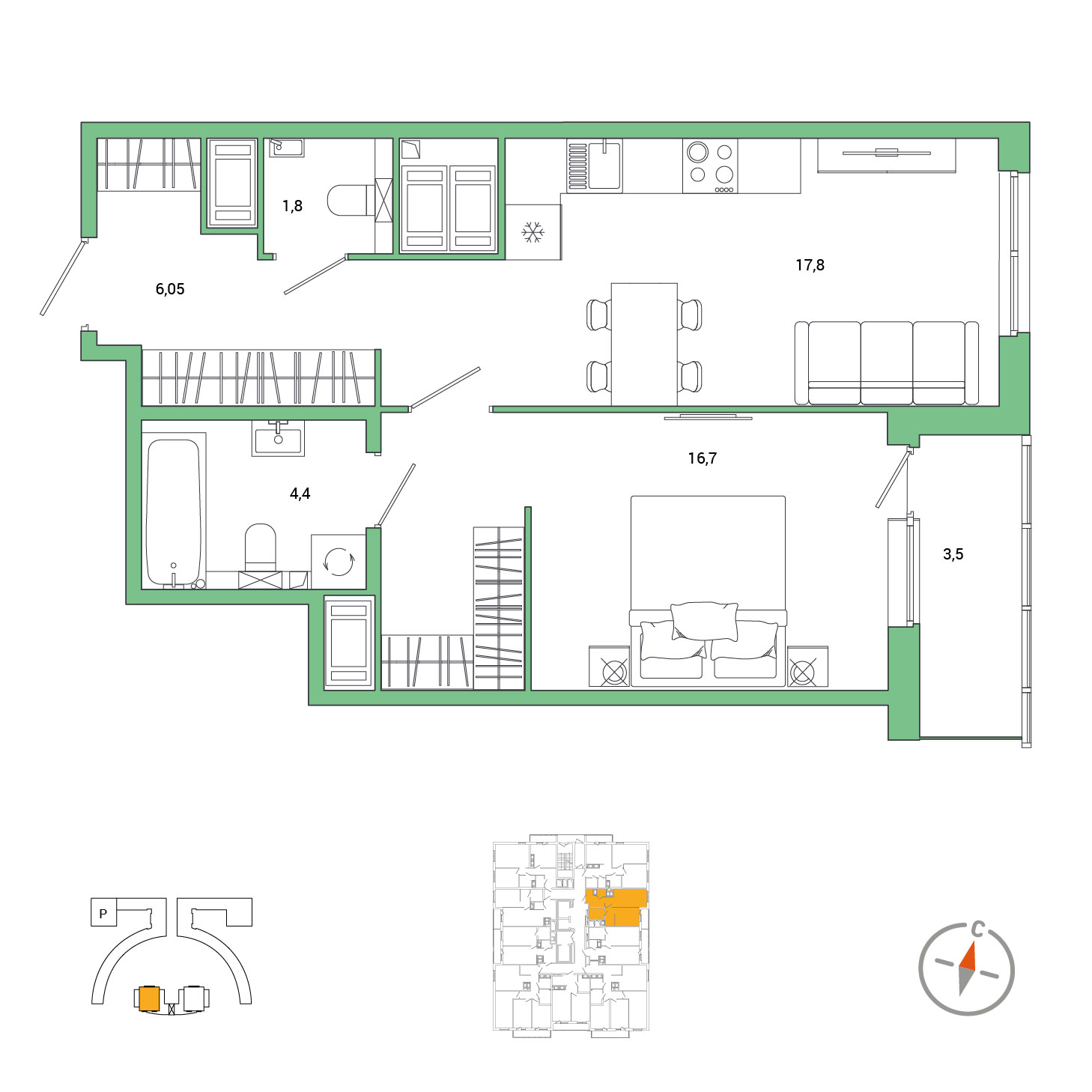 1-комнатная, 48.5 м², 23 / 25 эт. 