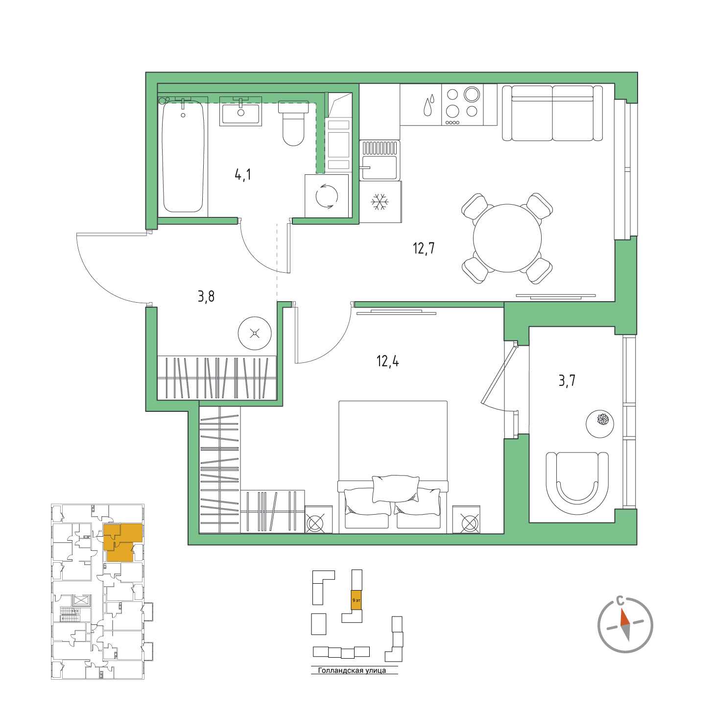 1-комнатная, 34.9 м², 3 / 9 эт. 