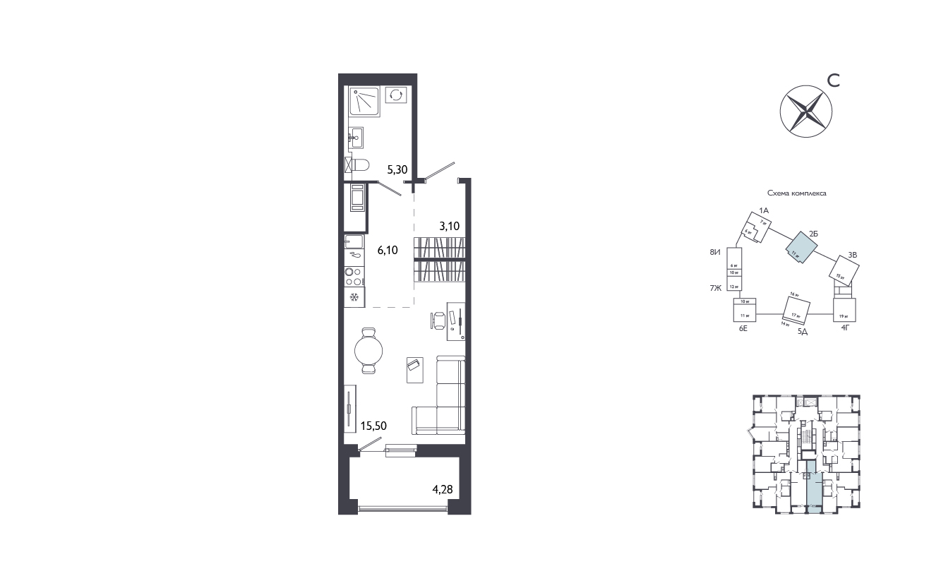 Студия, 32.14 м², 4 / 17 эт. 