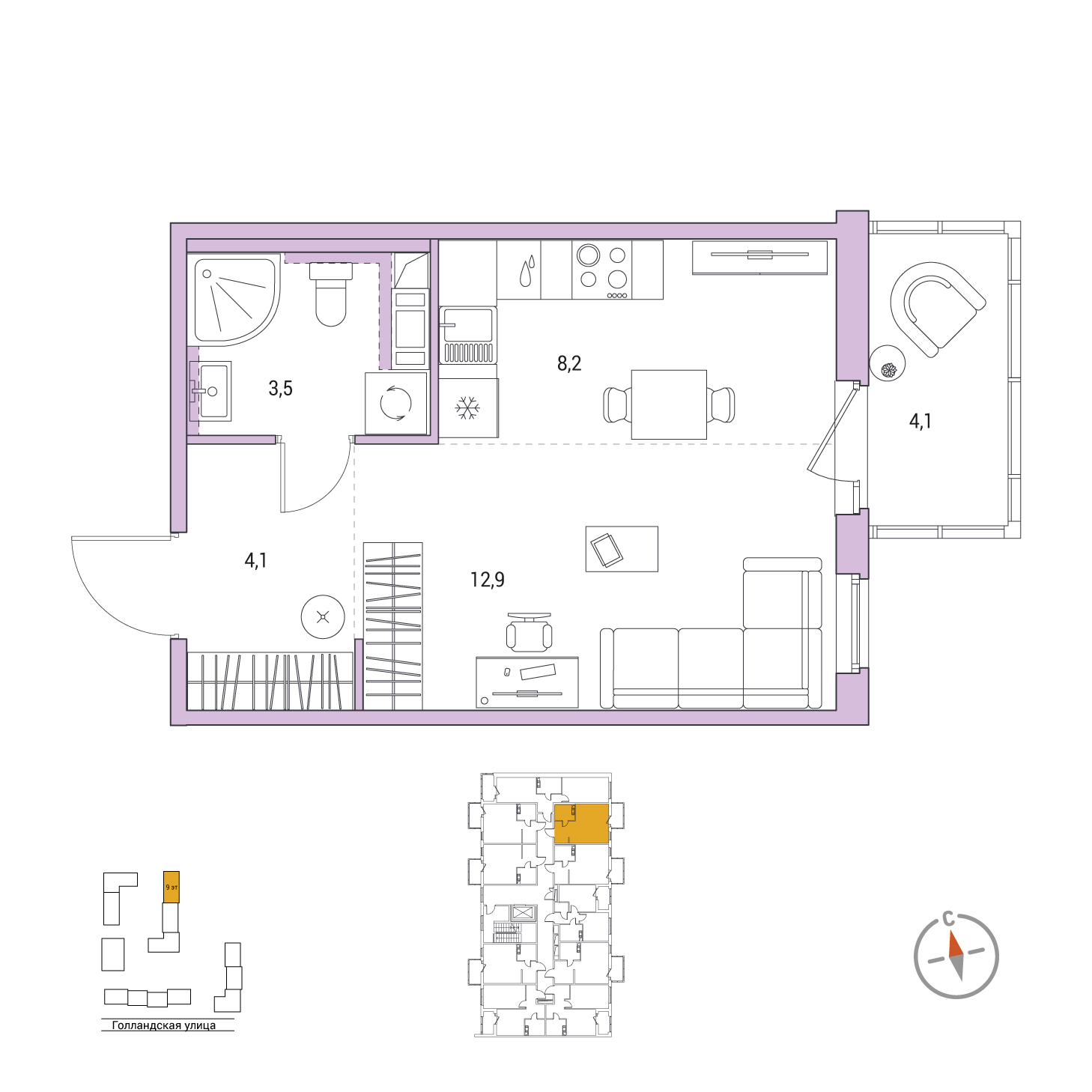 Студия, 29.9 м², 2 / 9 эт. 