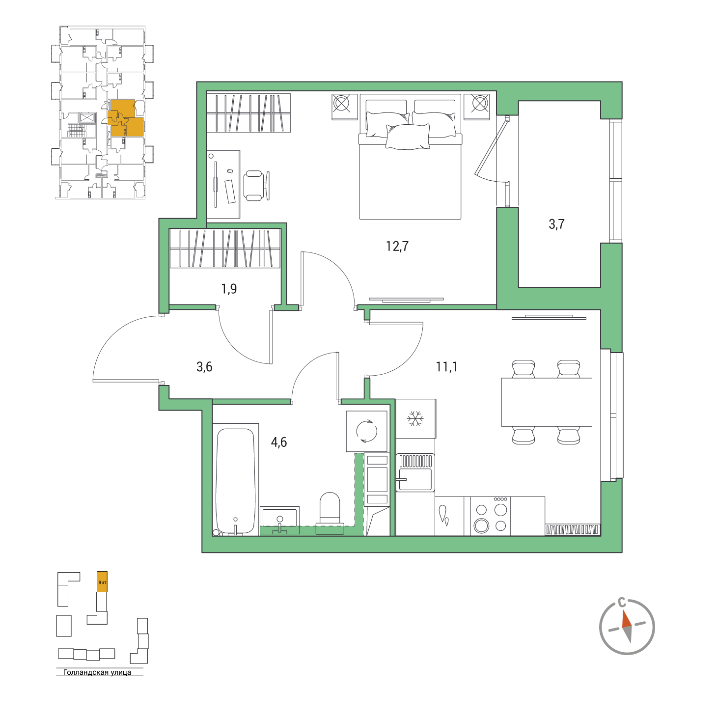 1-комнатная, 35.8 м², 8 / 9 эт. 