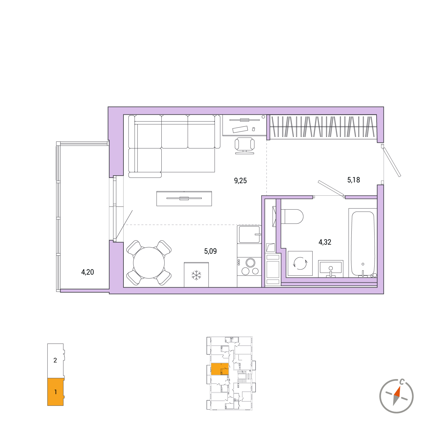 Студия, 25.1 м², 3 / 7 эт. 