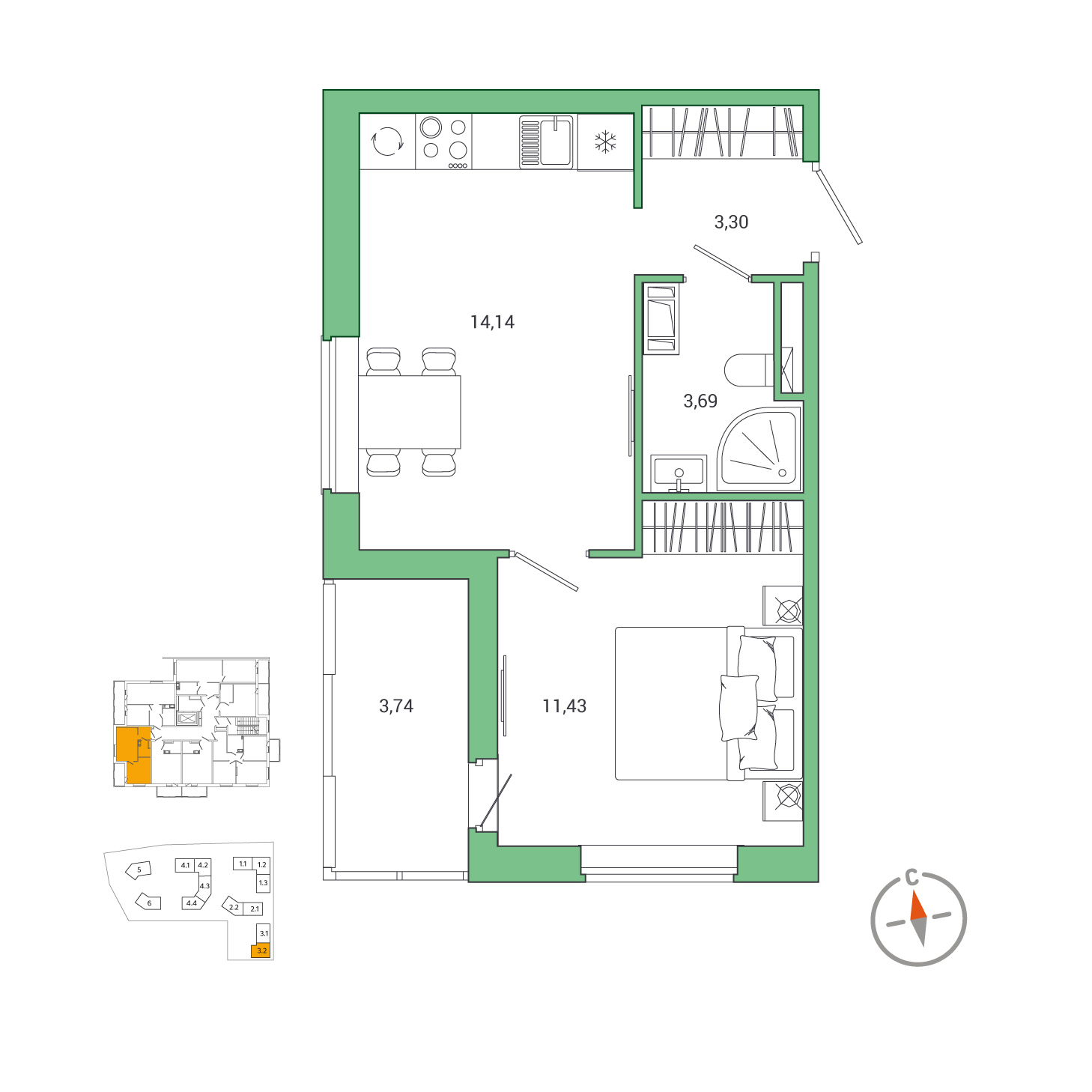 1-комнатная, 34.5 м², 10 / 10 эт. 