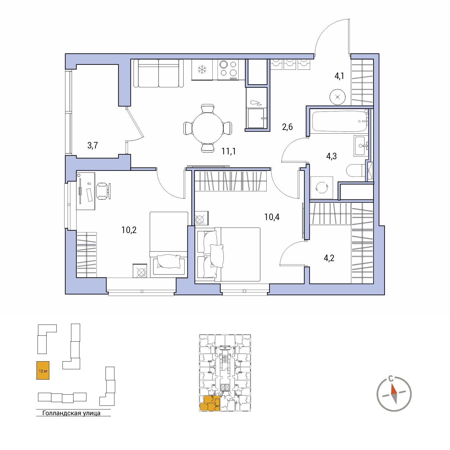 2-комнатная, 48.8 м², 4 / 12 эт. 
