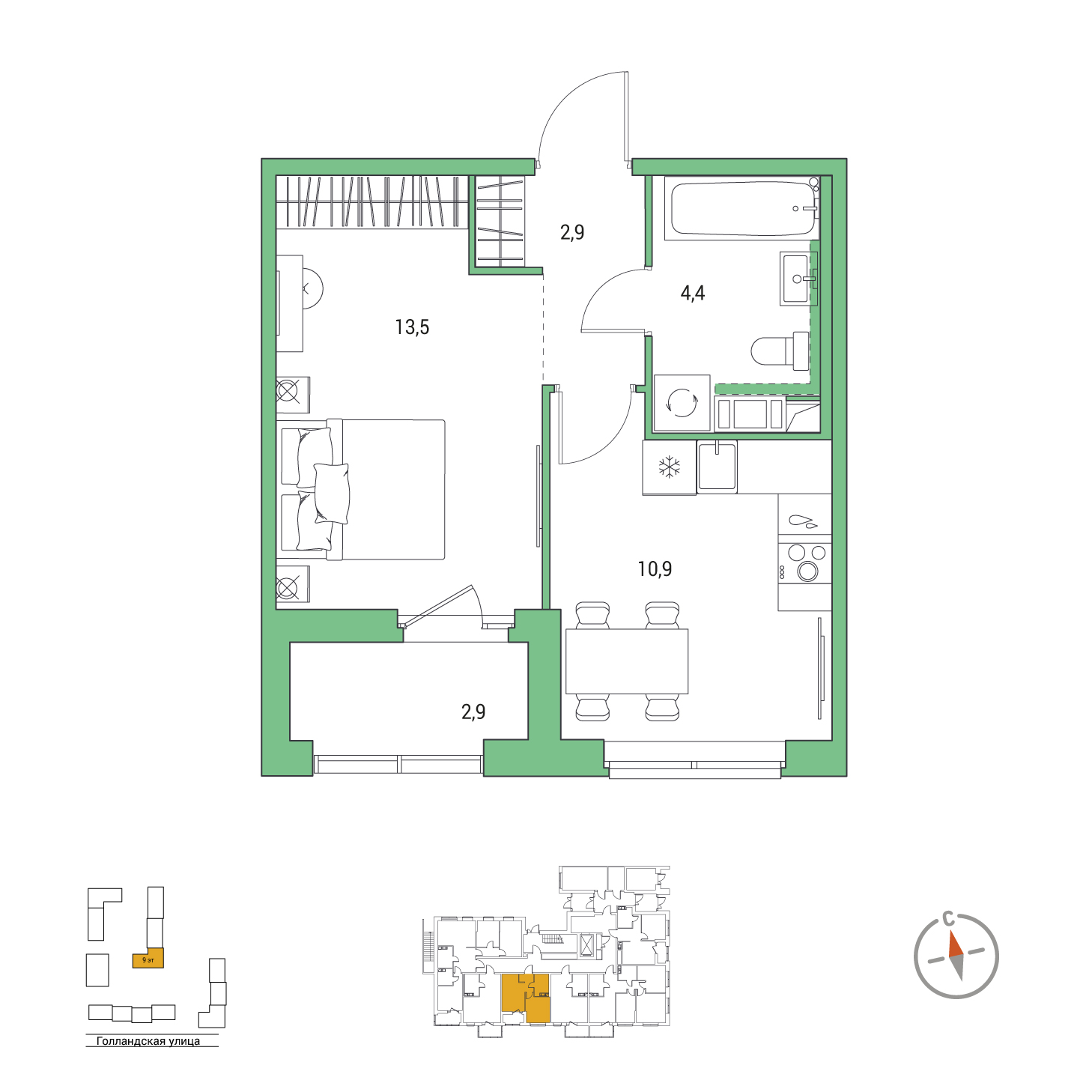 1-комнатная, 33.2 м², 1 / 9 эт. 