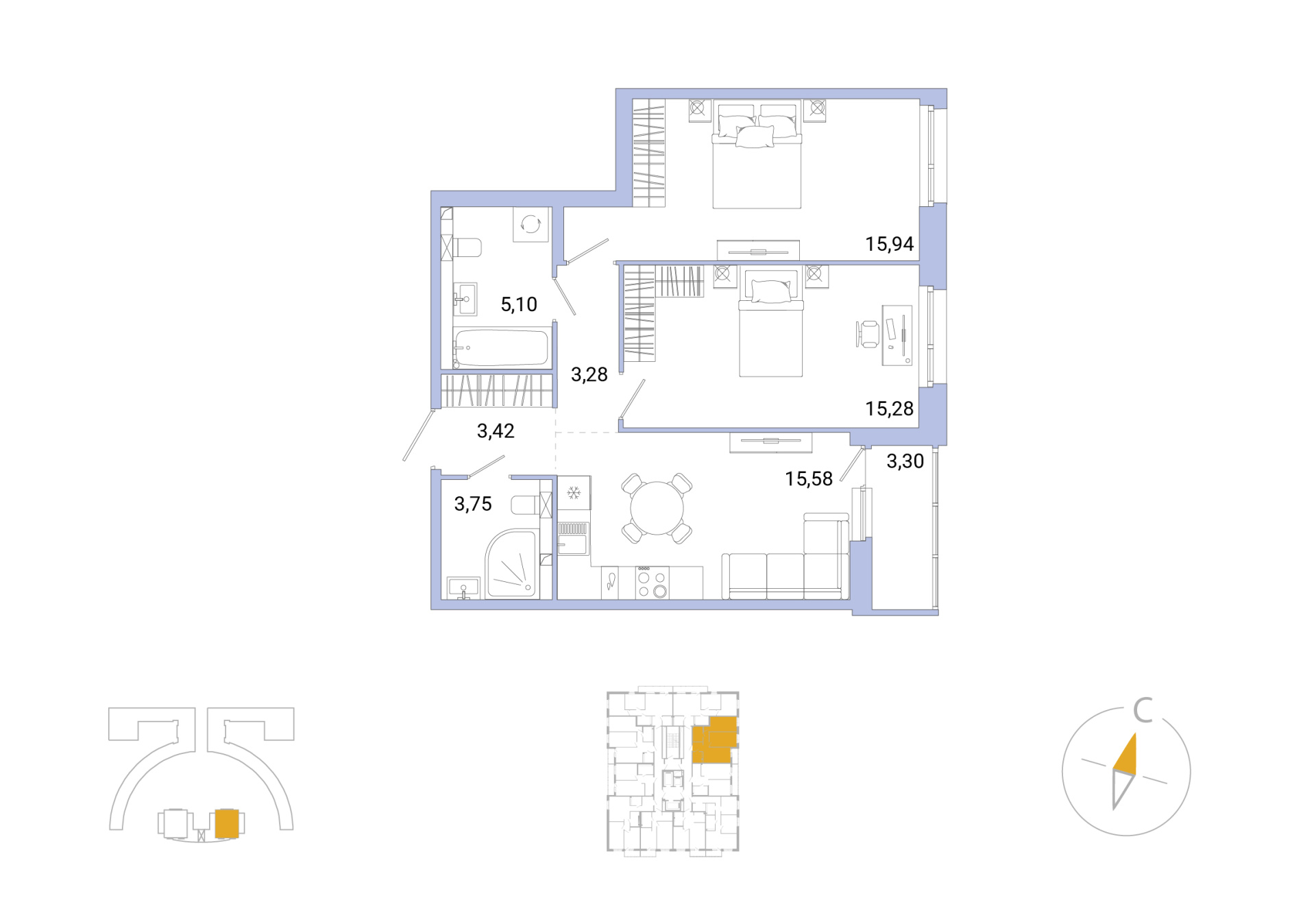 2-комнатная, 64 м², 2 / 25 эт. 