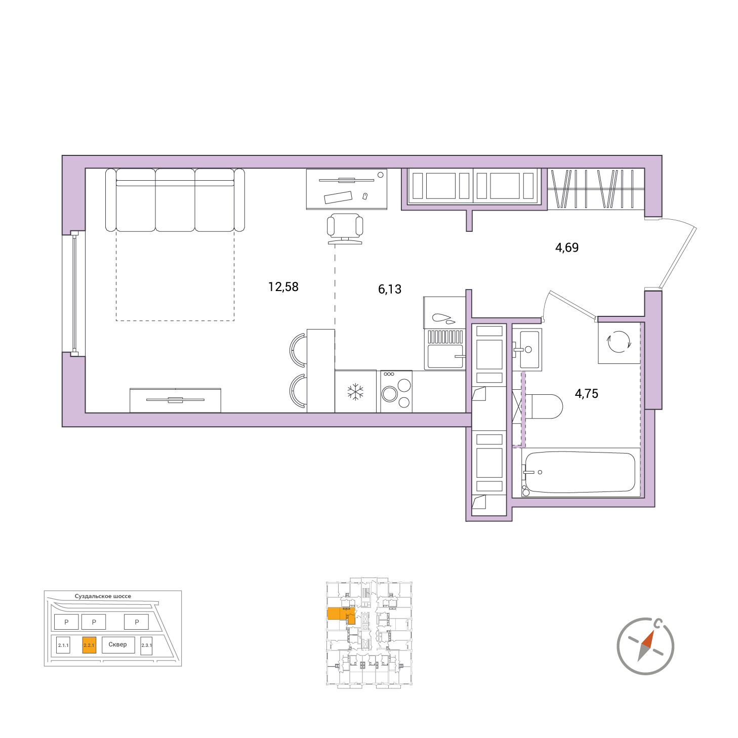 Студия, 28.15 м², 22 / 25 эт. 