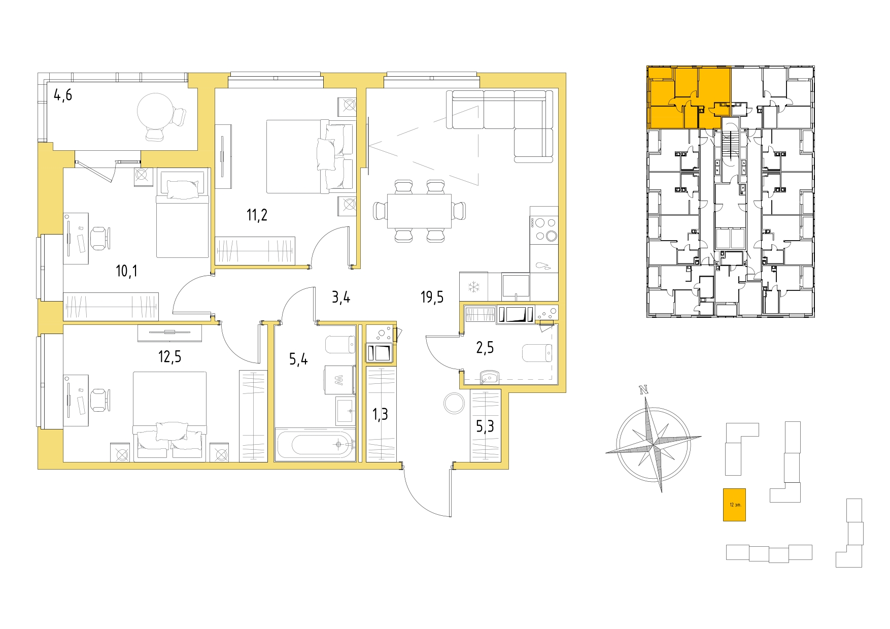 3-комнатная, 73.5 м², 9 / 12 эт. 
