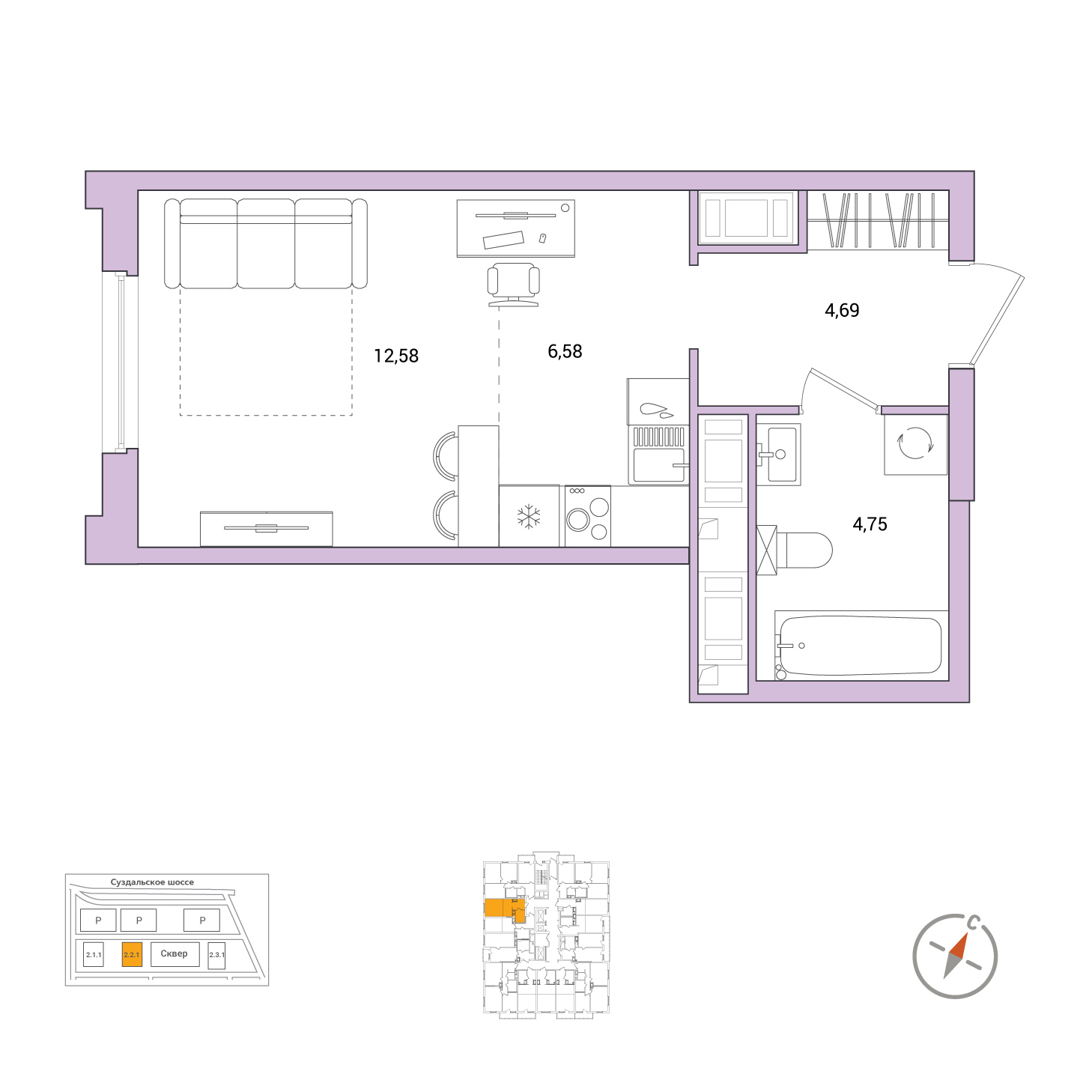 Студия, 28.6 м², 14 / 25 эт. 