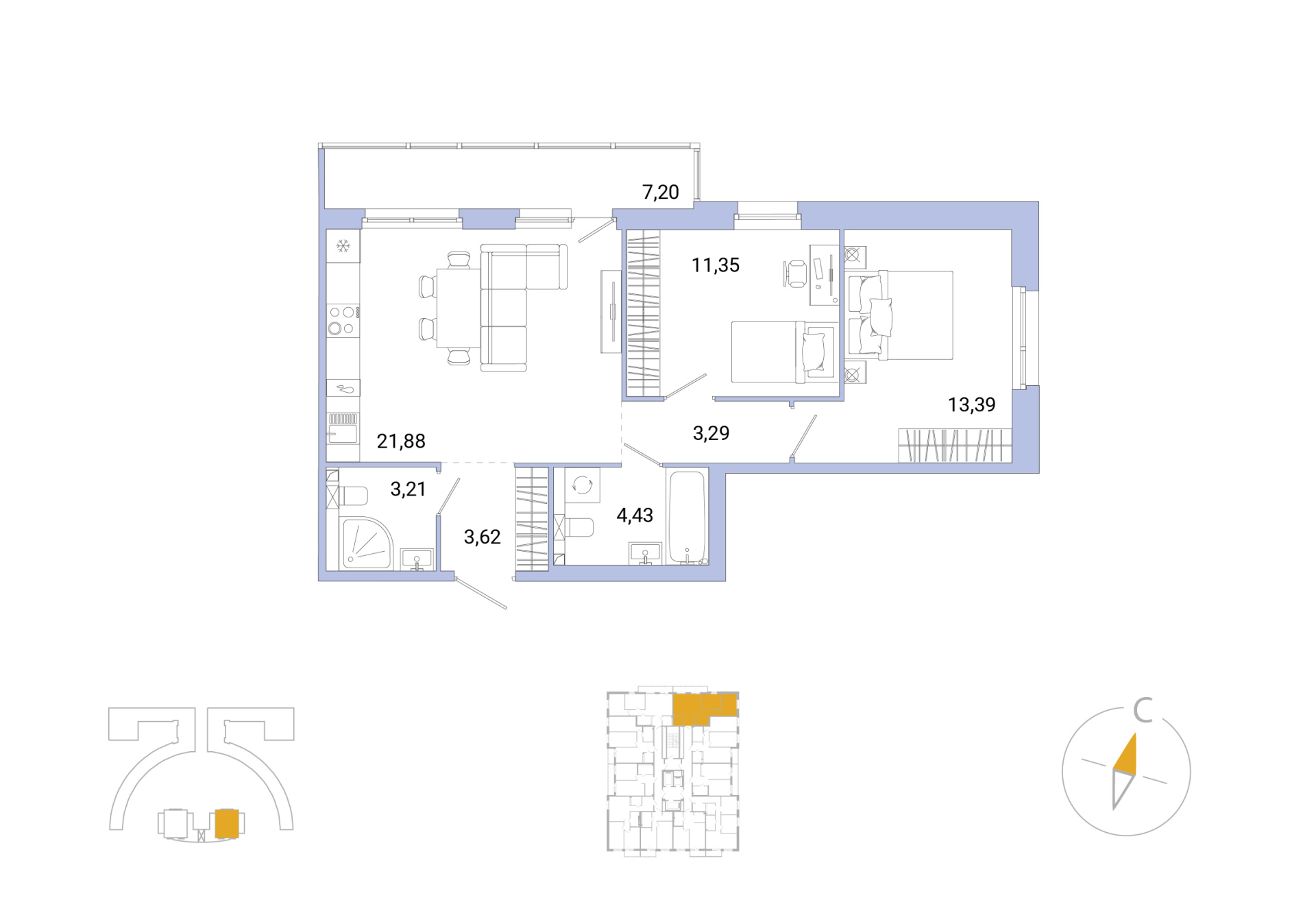2-комнатная, 63.33 м², 2 / 25 эт. 