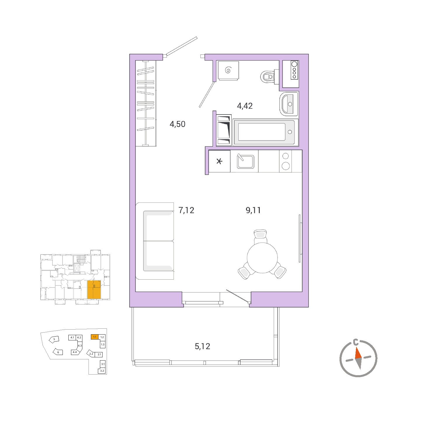 Студия, 26.5 м², 9 / 10 эт. 