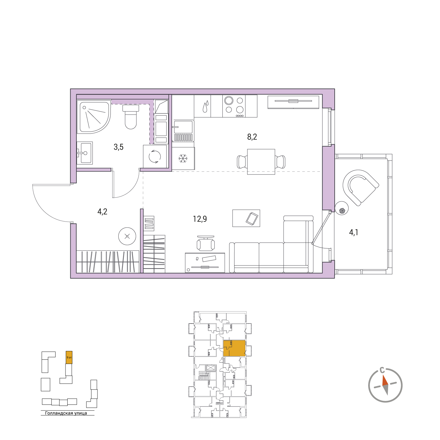 Студия, 30 м², 2 / 9 эт. 
