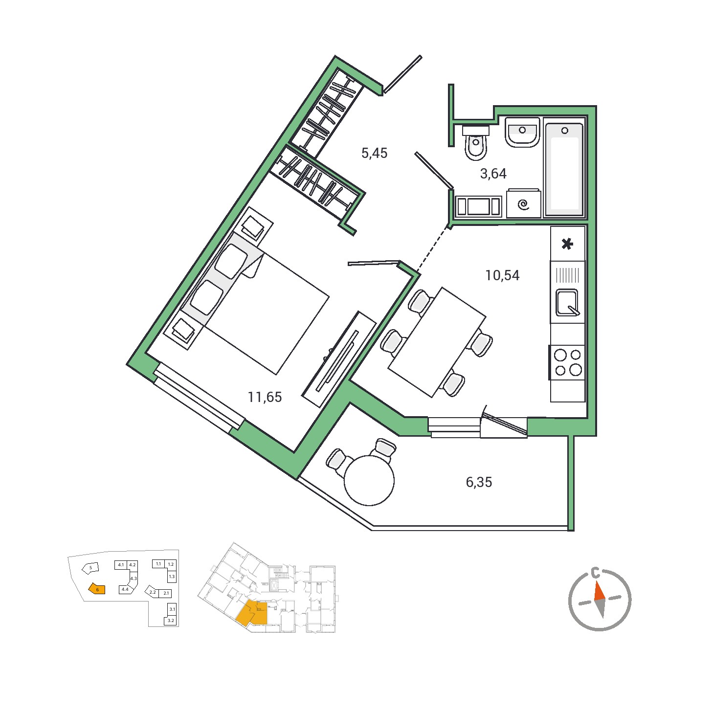 1-комнатная, 34.2 м², 1 / 7 эт. 