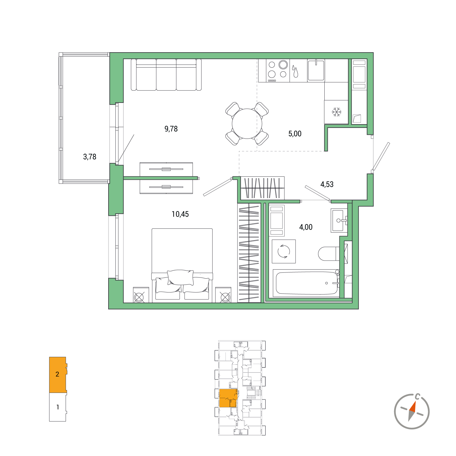 2-комнатная, 34.89 м², 3 / 7 эт. 
