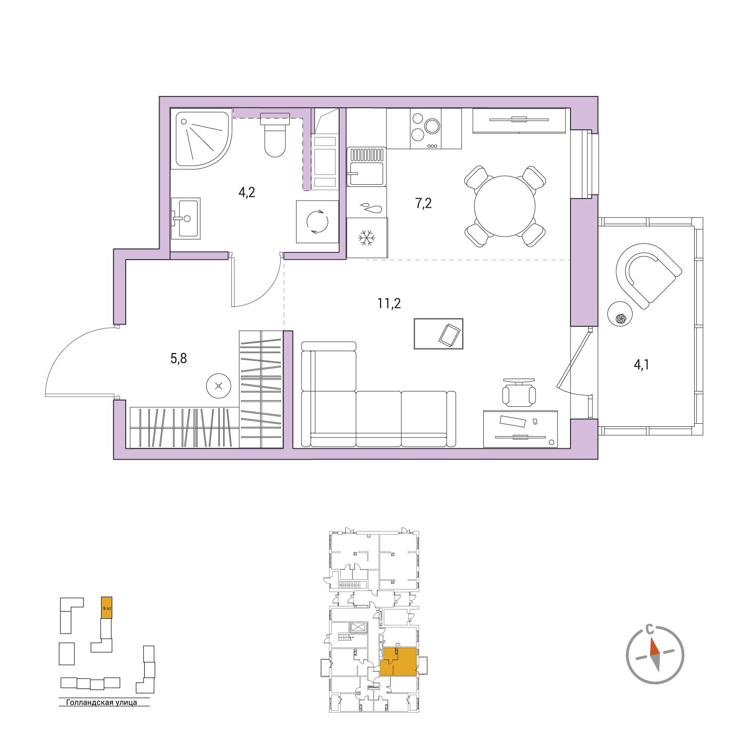 Студия, 29.6 м², 1 / 9 эт. 