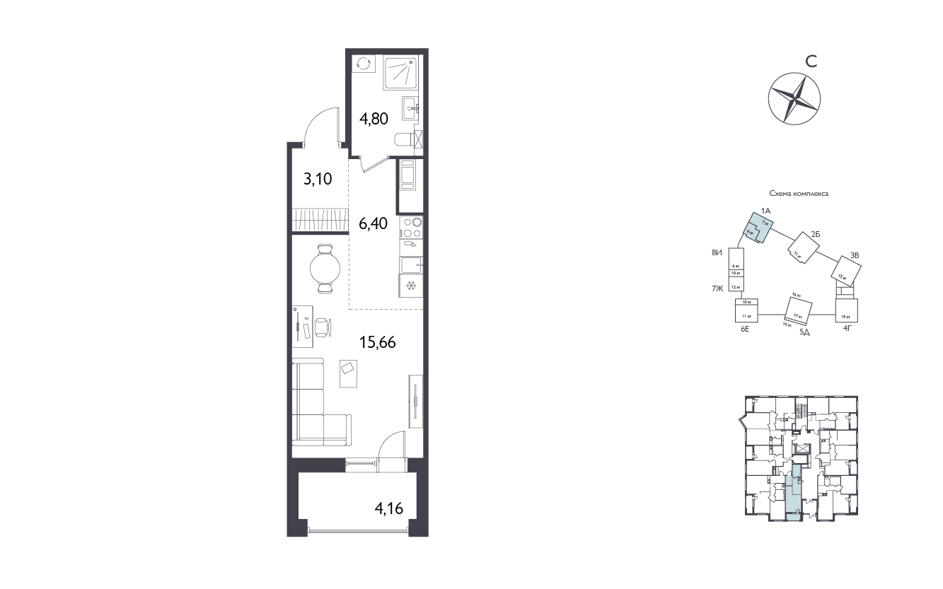 Студия, 32.04 м², 3 / 17 эт. 