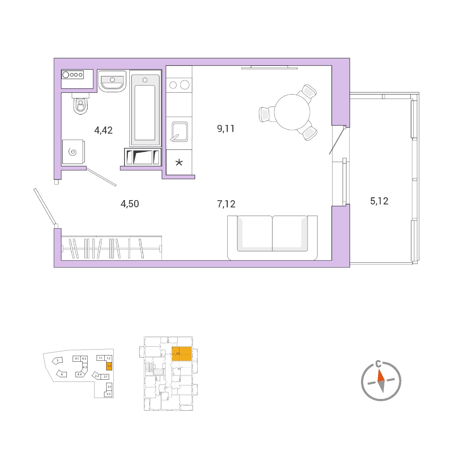 Студия, 26.1 м², 5 / 9 эт. 