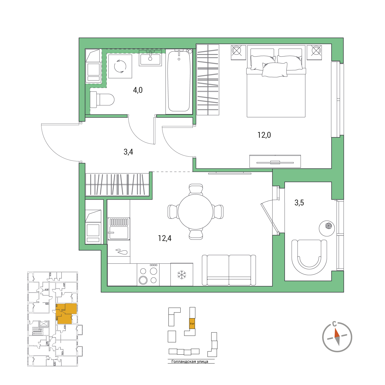 1-комнатная, 33.6 м², 2 / 9 эт. 
