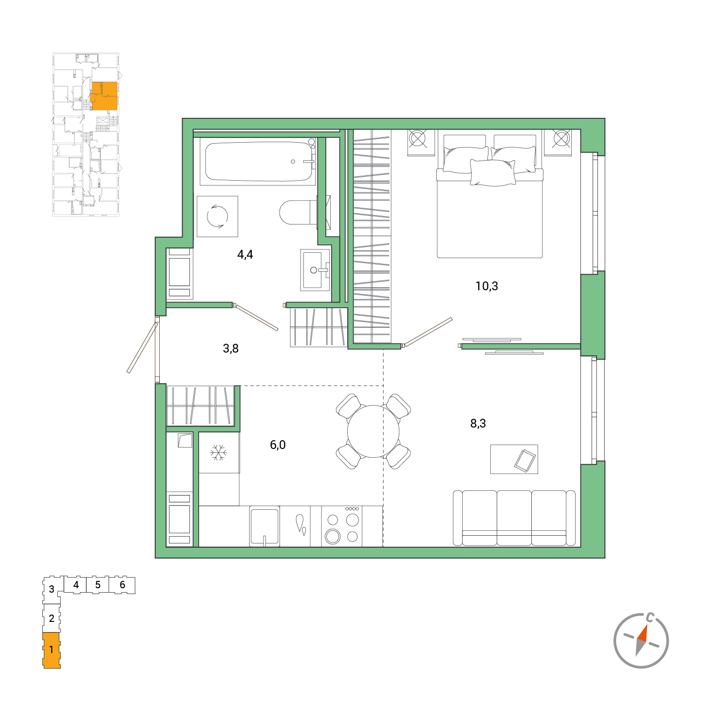 2-комнатная, 32.83 м², 1 / 7 эт. 
