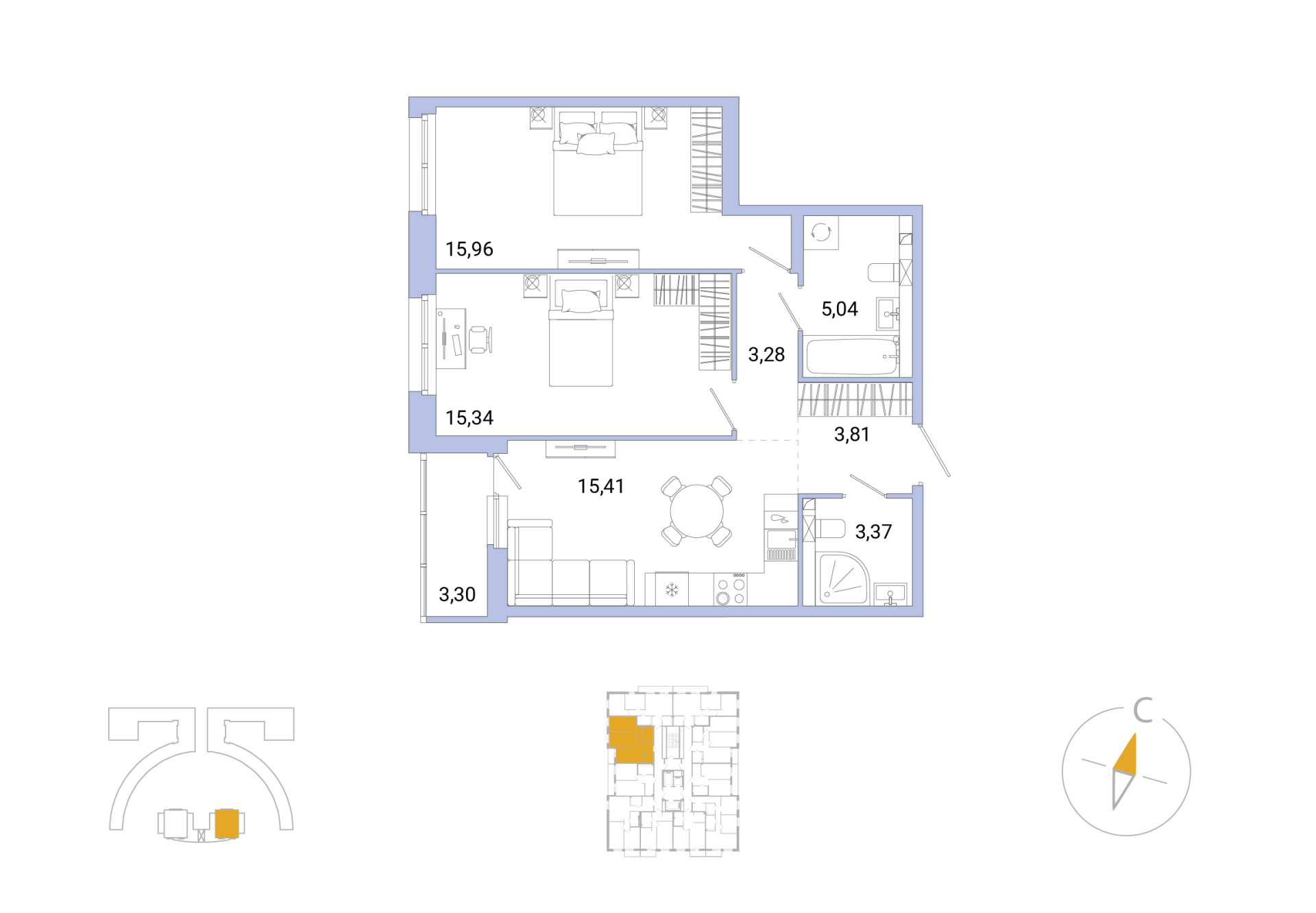 2-комнатная, 63.86 м², 2 / 25 эт. 