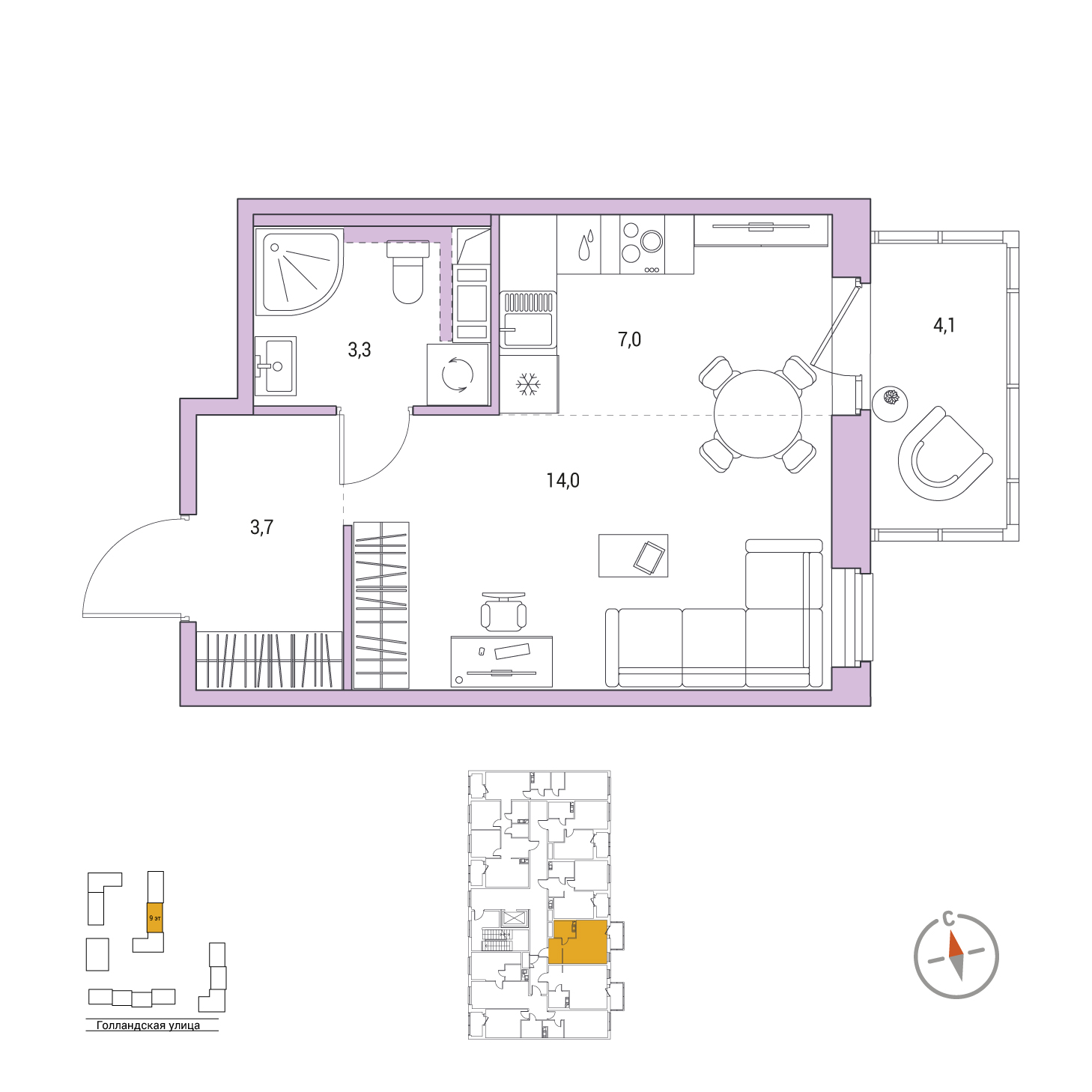 Студия, 29.2 м², 2 / 9 эт. 