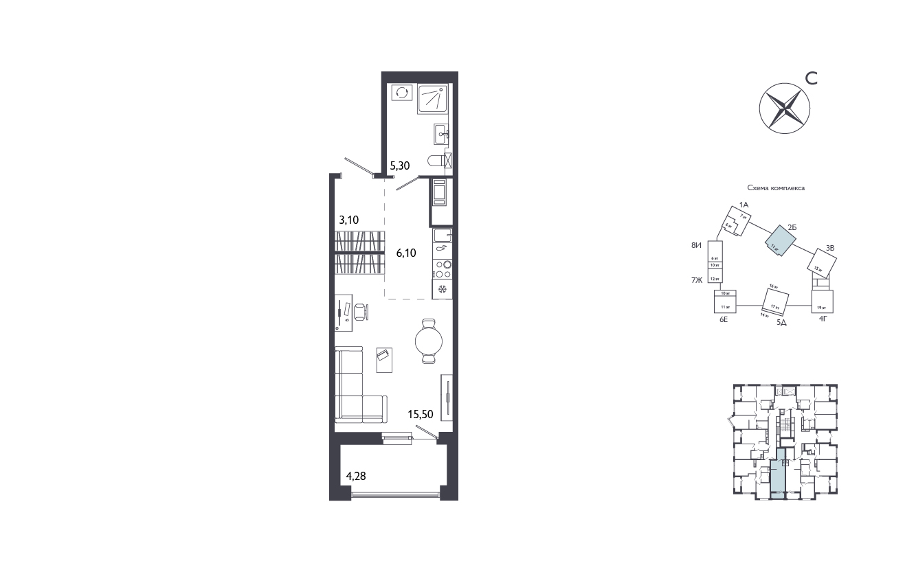 Студия, 32.14 м², 2 / 17 эт. 