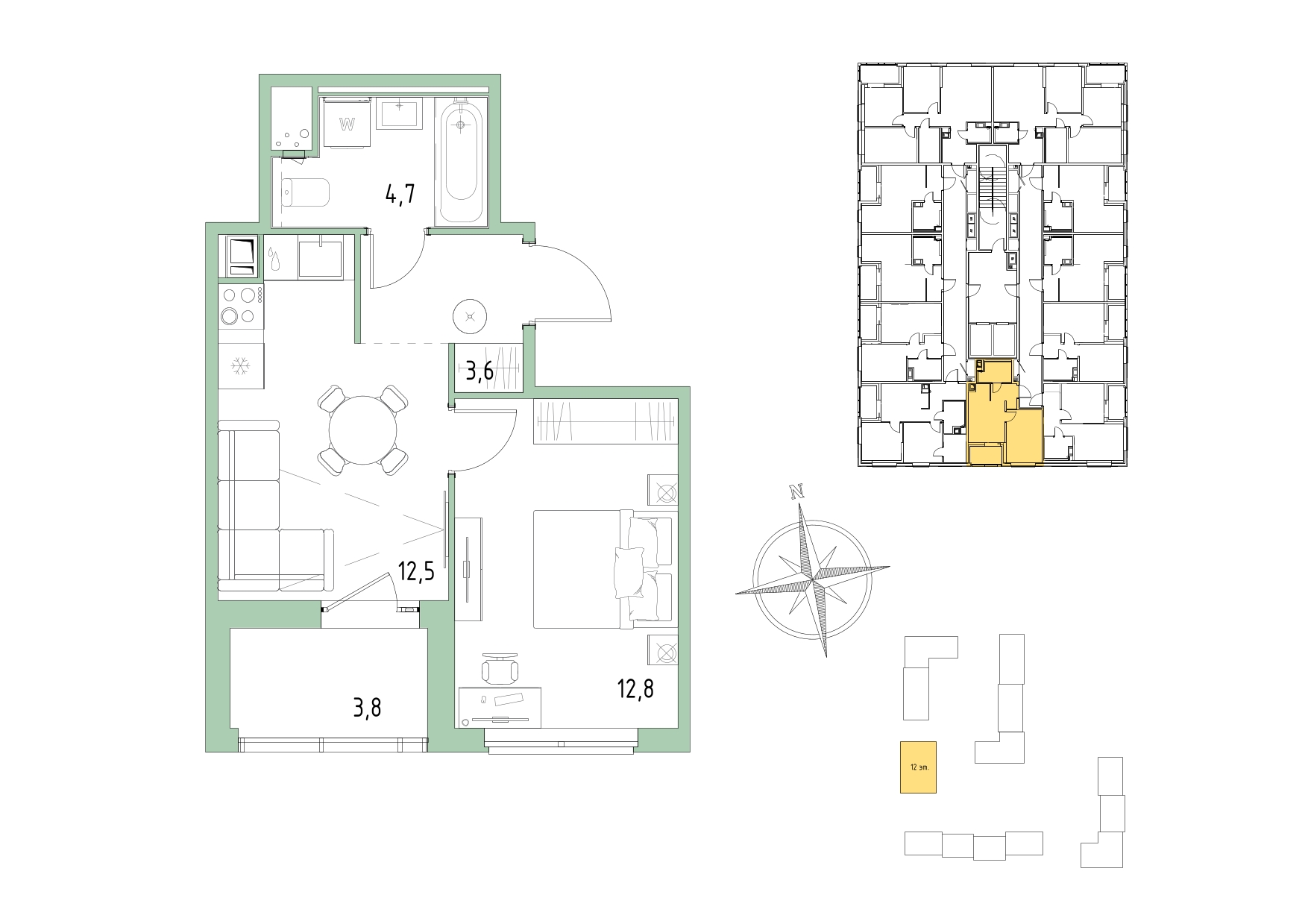 1-комнатная, 35.5 м², 2 / 12 эт. 
