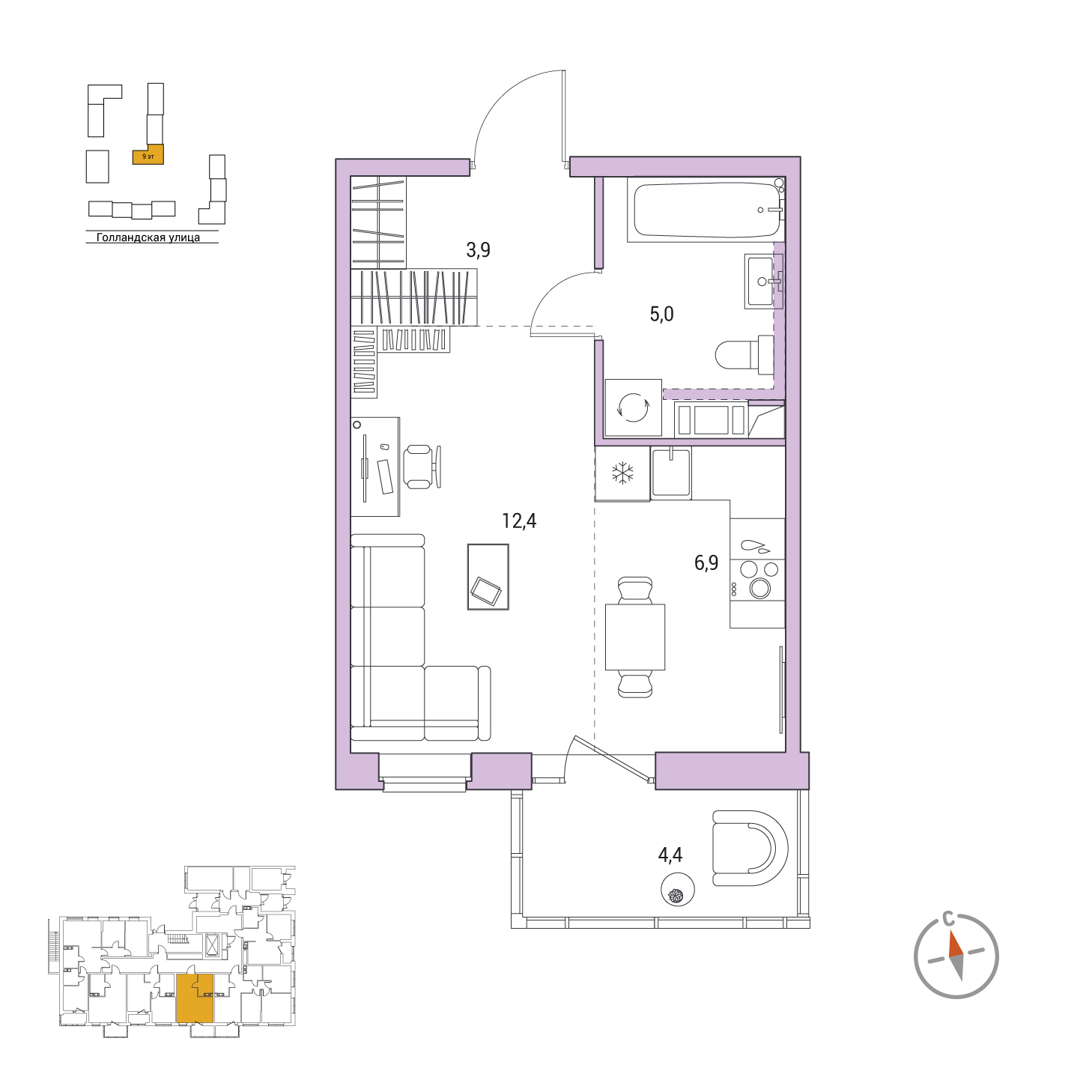 Студия, 29.5 м², 1 / 9 эт. 