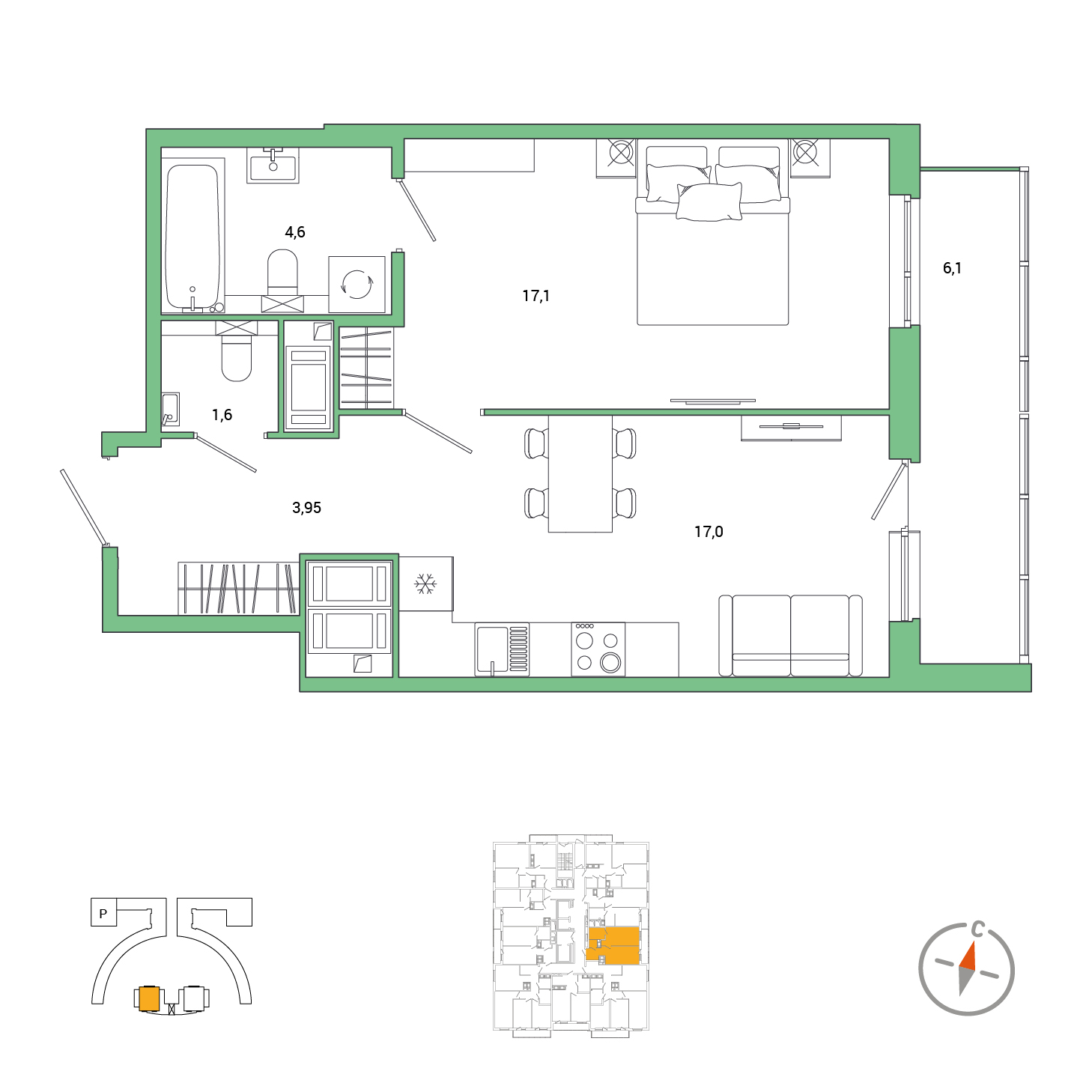 1-комнатная, 47.3 м², 21 / 25 эт. 