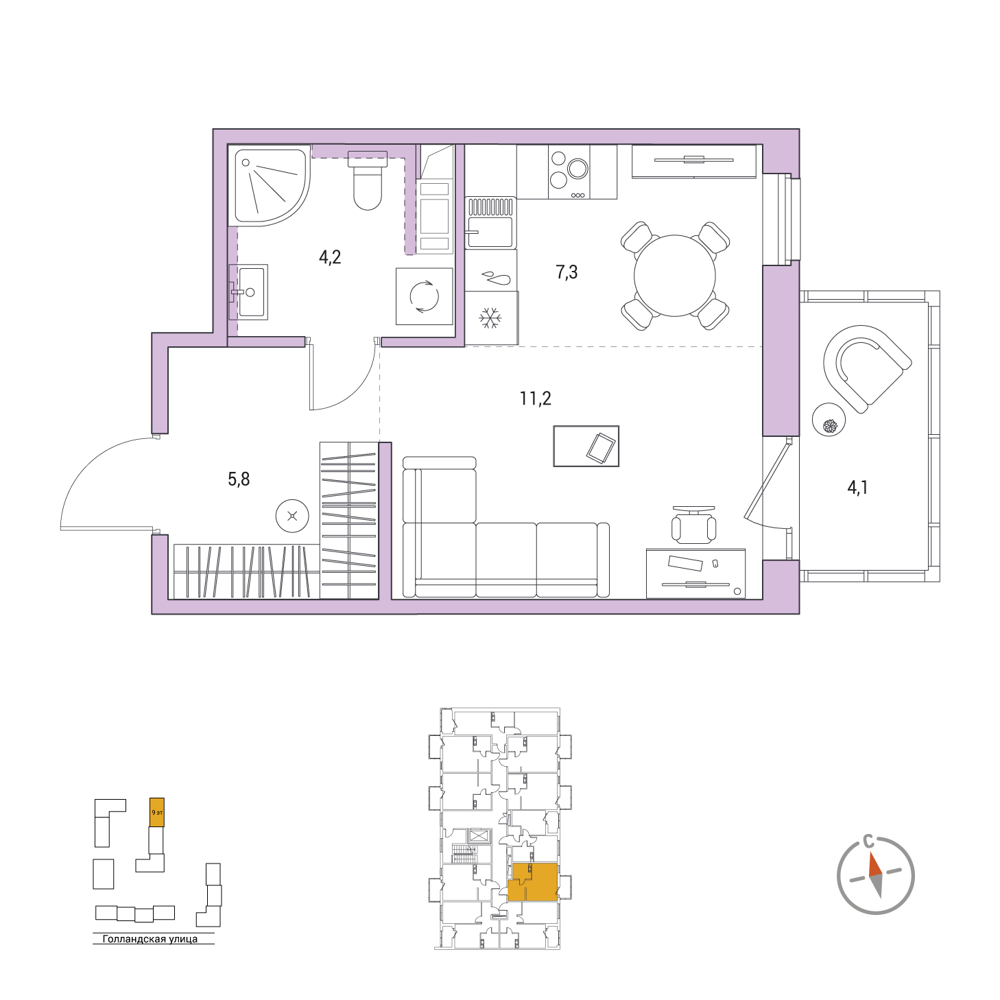 Студия, 30 м², 2 / 9 эт. 