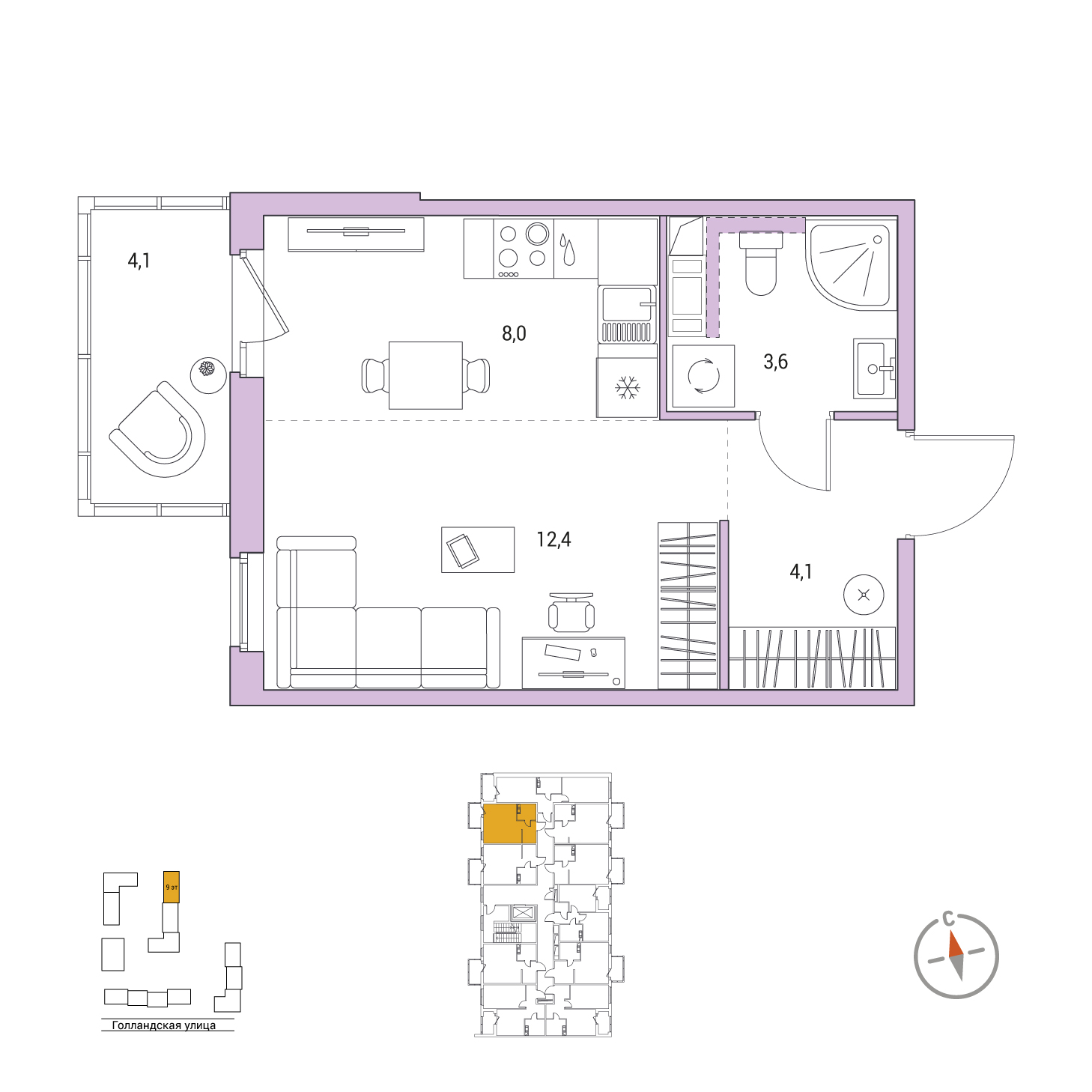 Студия, 29.3 м², 2 / 9 эт. 