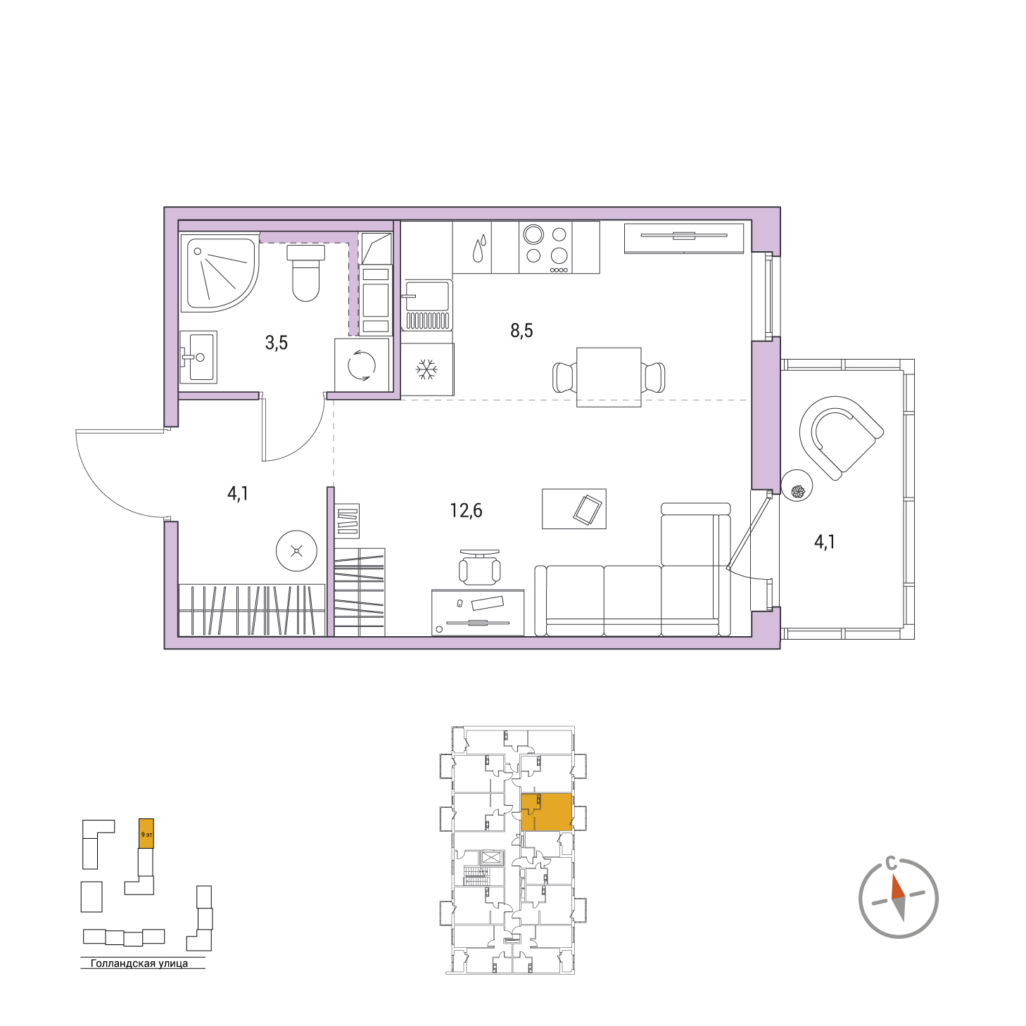 Студия, 29.9 м², 3 / 9 эт. 
