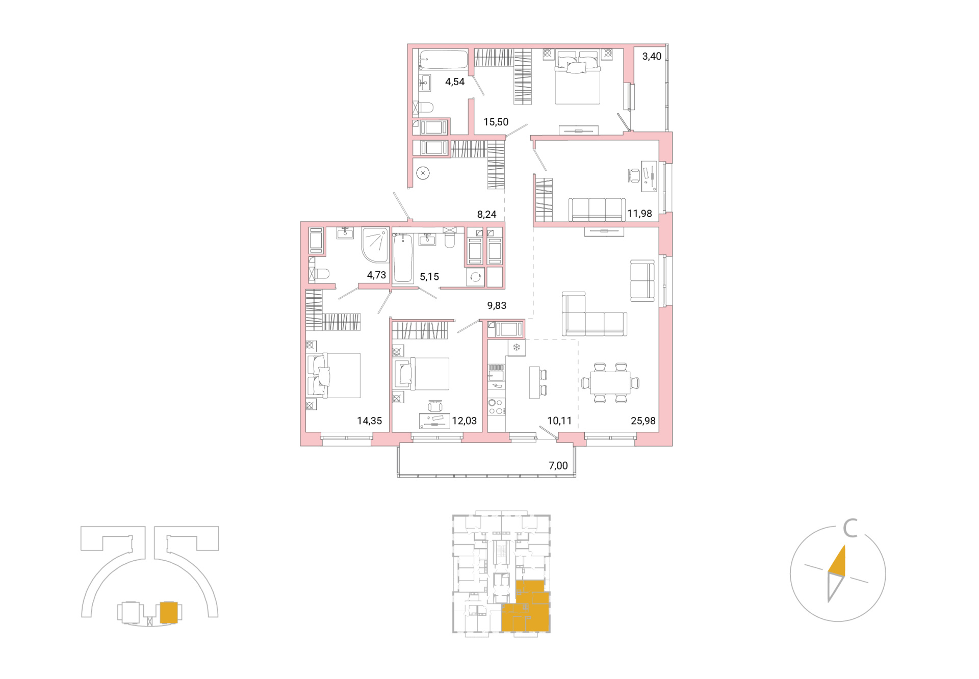 4-комнатная, 126.24 м², 25 / 25 эт. 