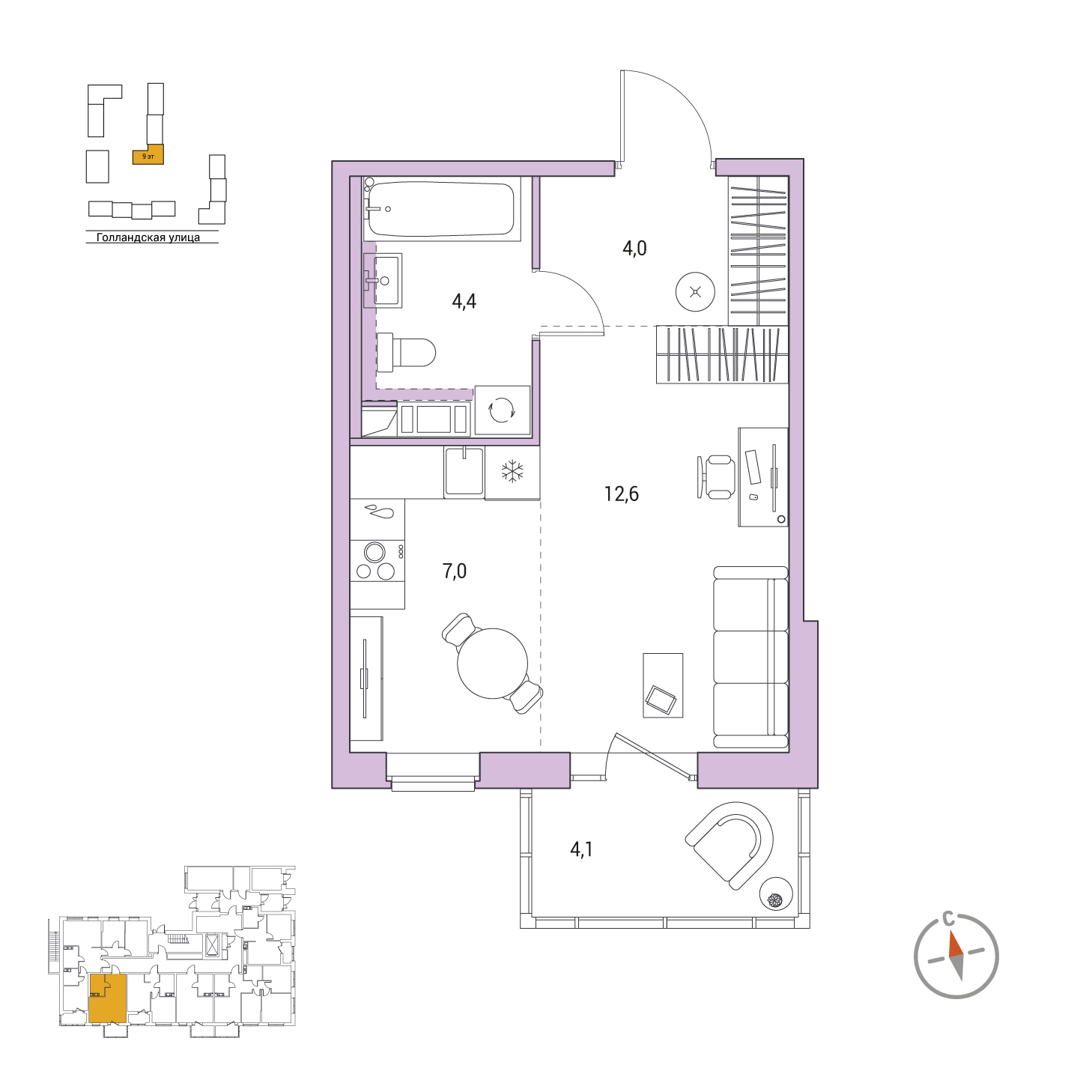 Студия, 29.2 м², 1 / 9 эт. 