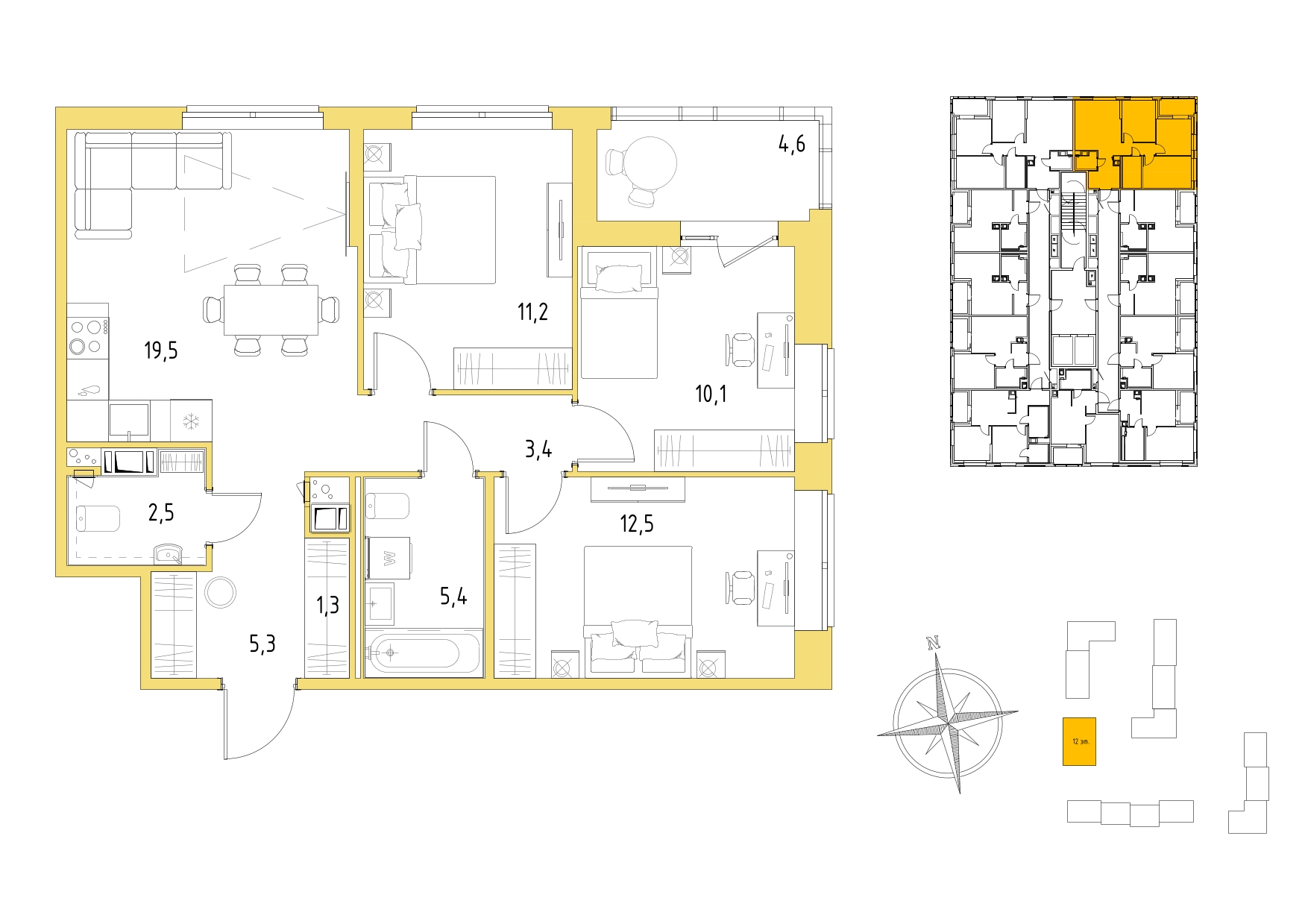 3-комнатная, 73.5 м², 4 / 12 эт. 